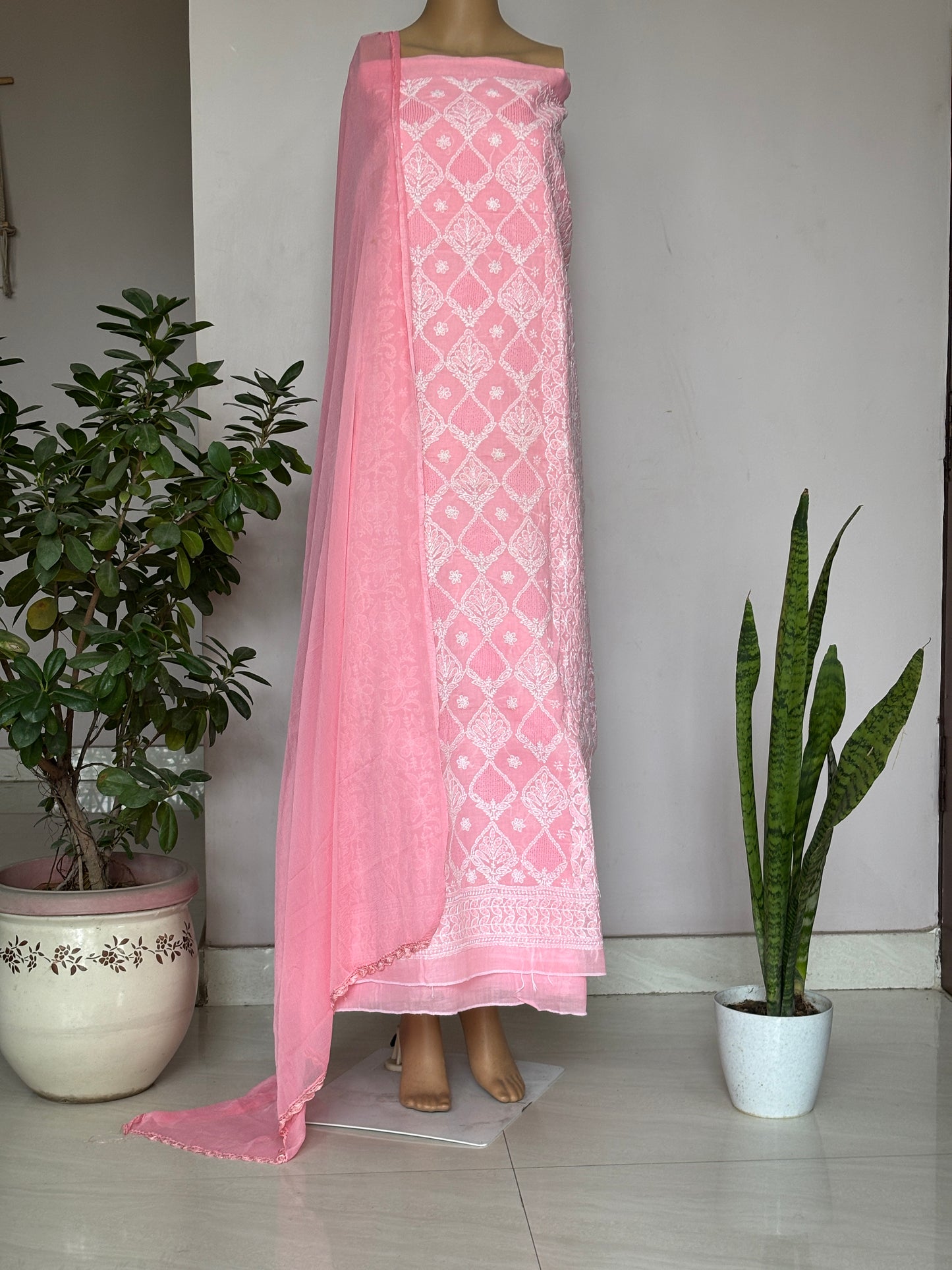 Pink Colour Chikankari Hand Embroidered Cotton Shirt, Bottom and Chiffon Dupatta