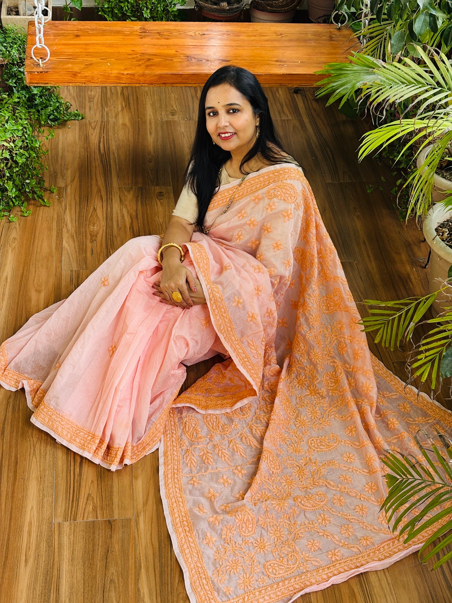 Peach Pink Colour Light Chrushed Candri Cotton Chikankari Hand Embroidered Saree