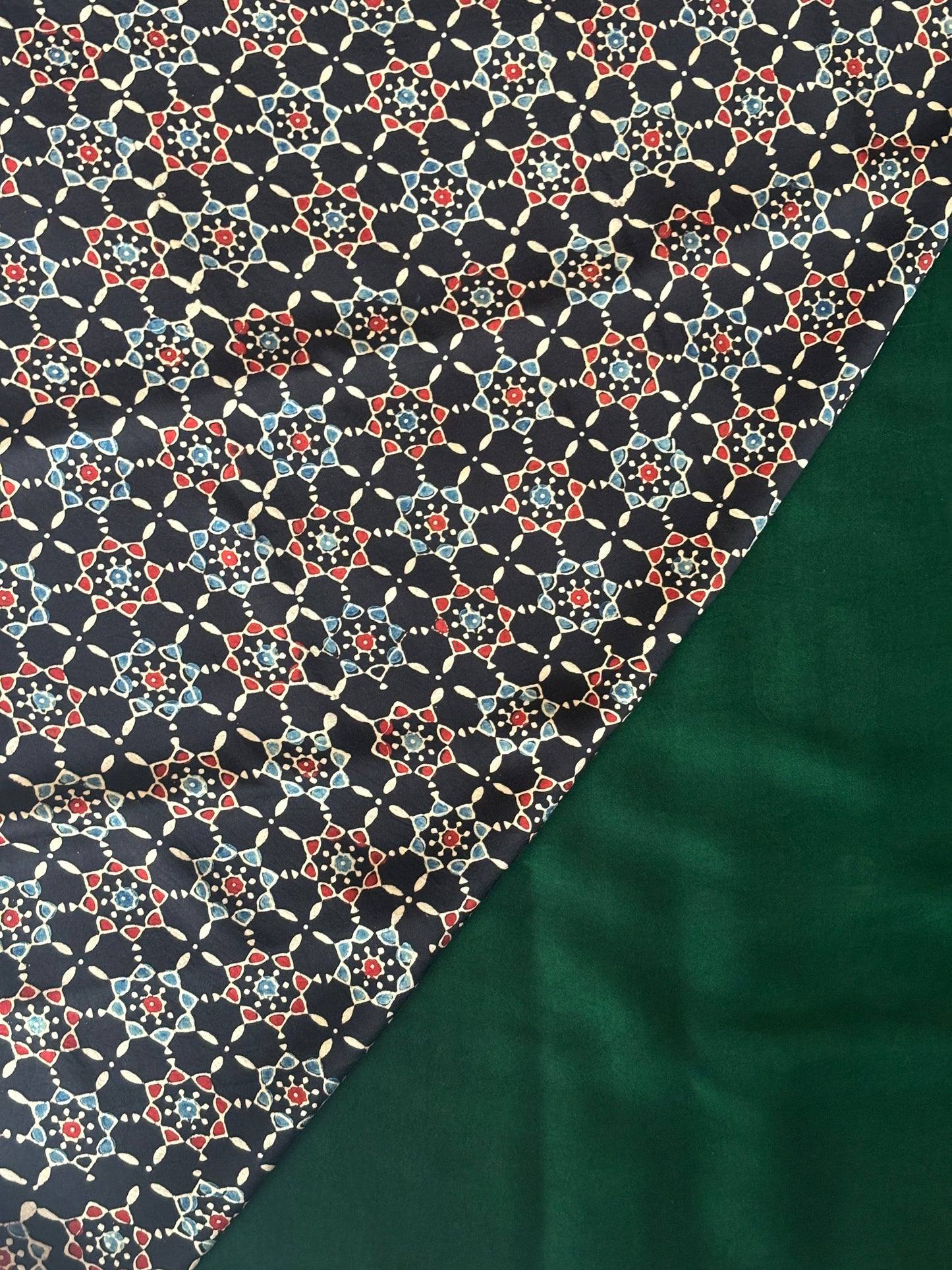 Elora - Green Solid Colur Body With Natural Dyed Black Ajrakh Anchal