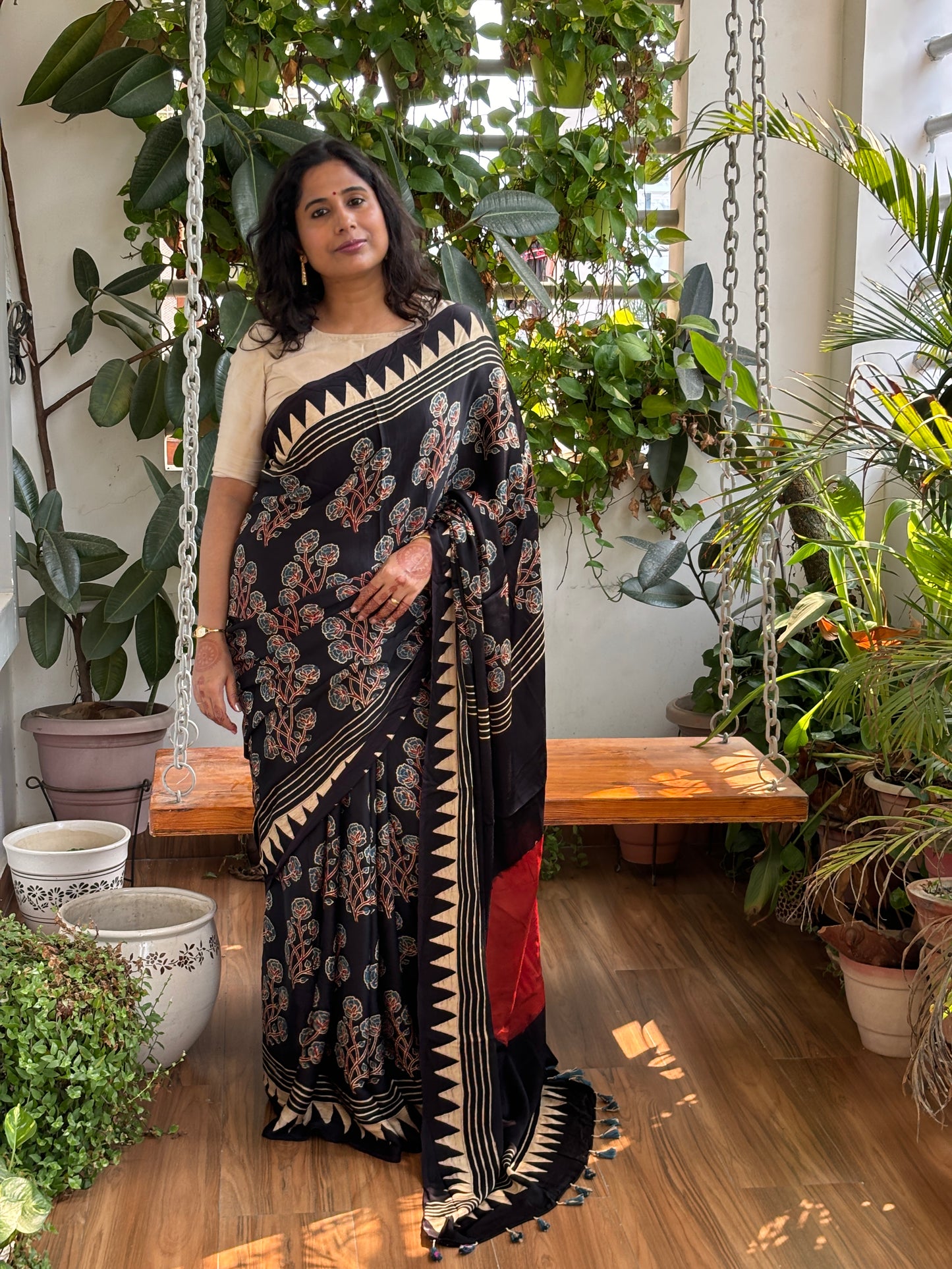 Blossom- Natural Dyed Black Floral Stalk Saree with Contemporary Anchal