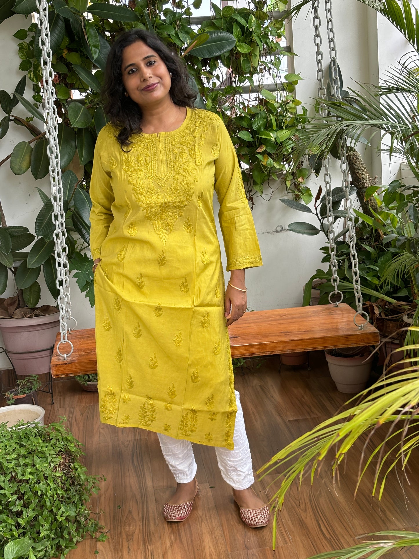 Greenish Yellow Chanderi Chikan Hand Embroidered Kurti