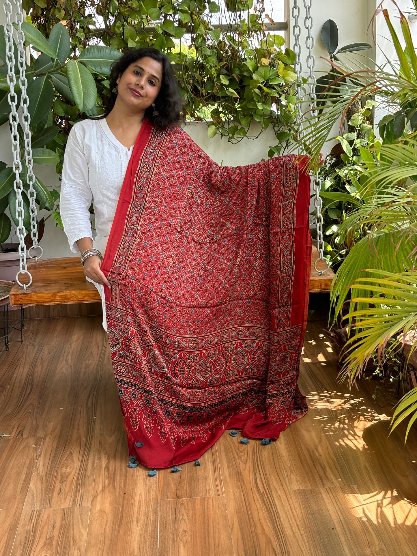 Ajrakh Modal Natural Dyed Small Geometrical Motif Dupatta