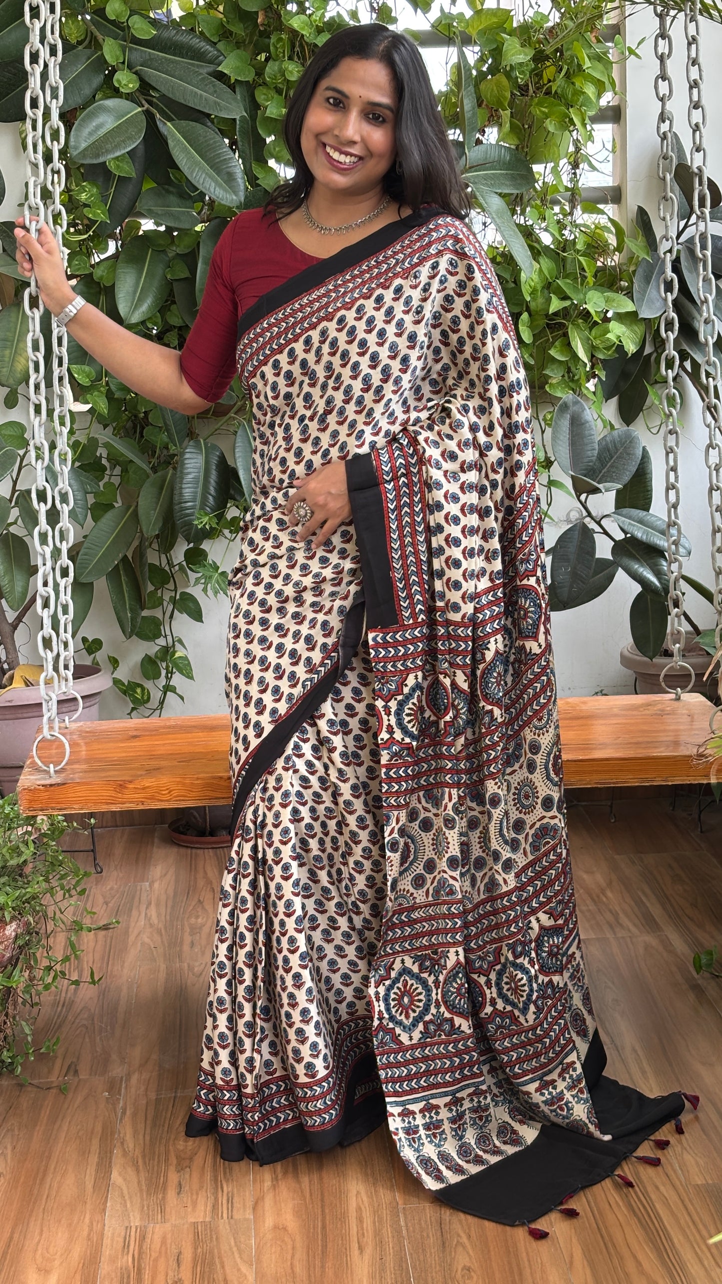 Aayat - Natural Dyed Pale Ivory Colour Ajrakh Hand Block Printed Modal Saree