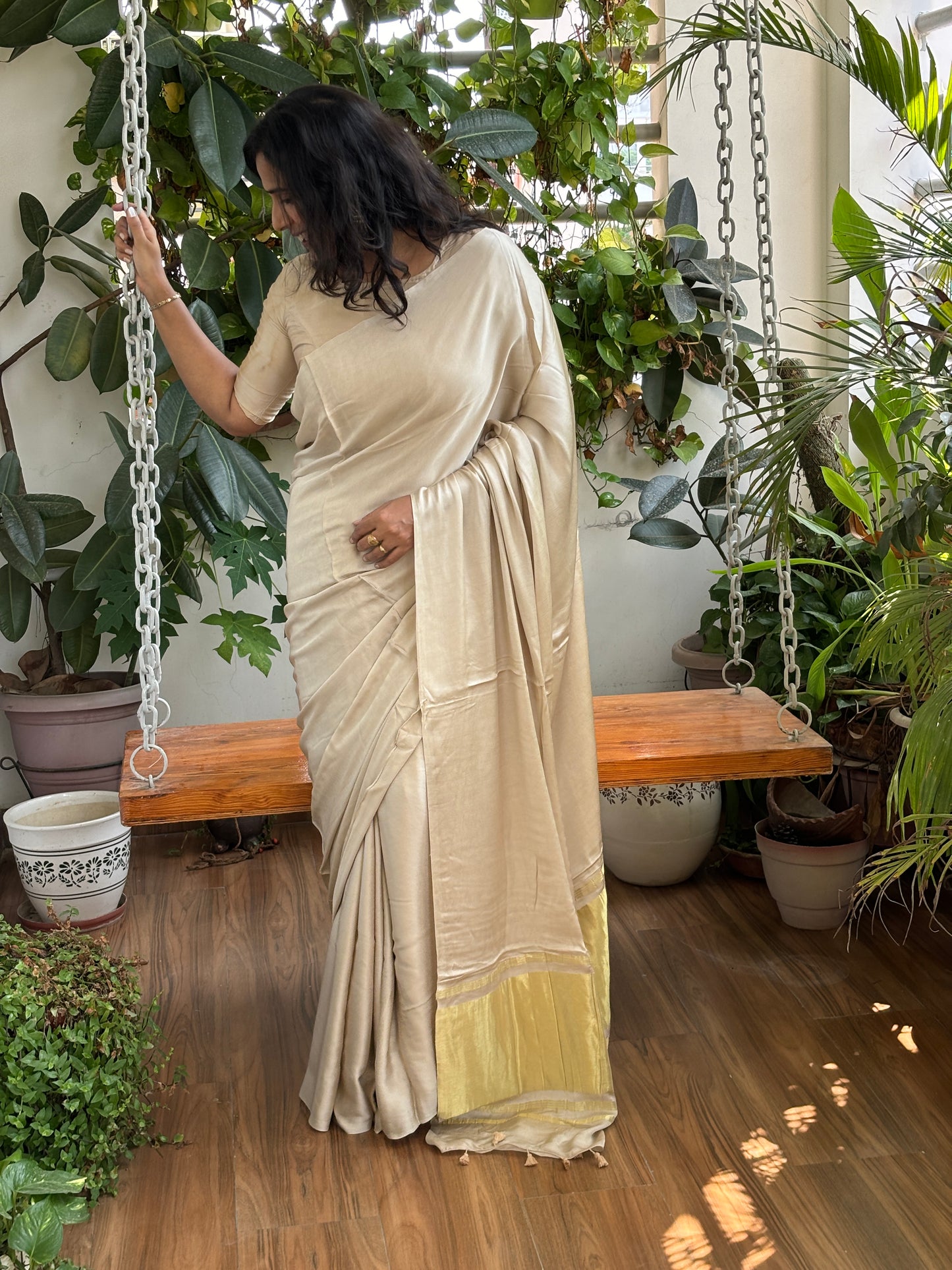 Cashew Nut Colour Modal Plain Saree With Lagdi Palla (will be available in 4 days)