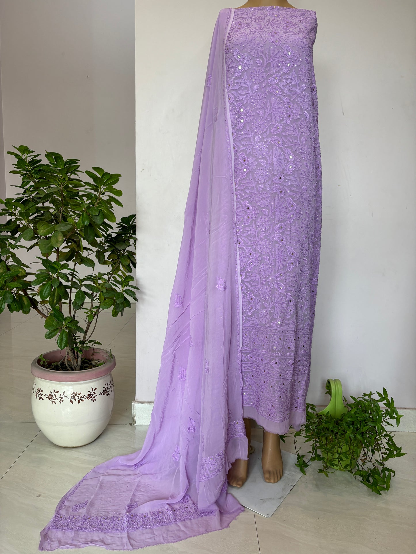Lavender Colour Intricate Chikankari Hand Embroidered Shirt and Dupatta Fabric Adorned With Mukaish Work
