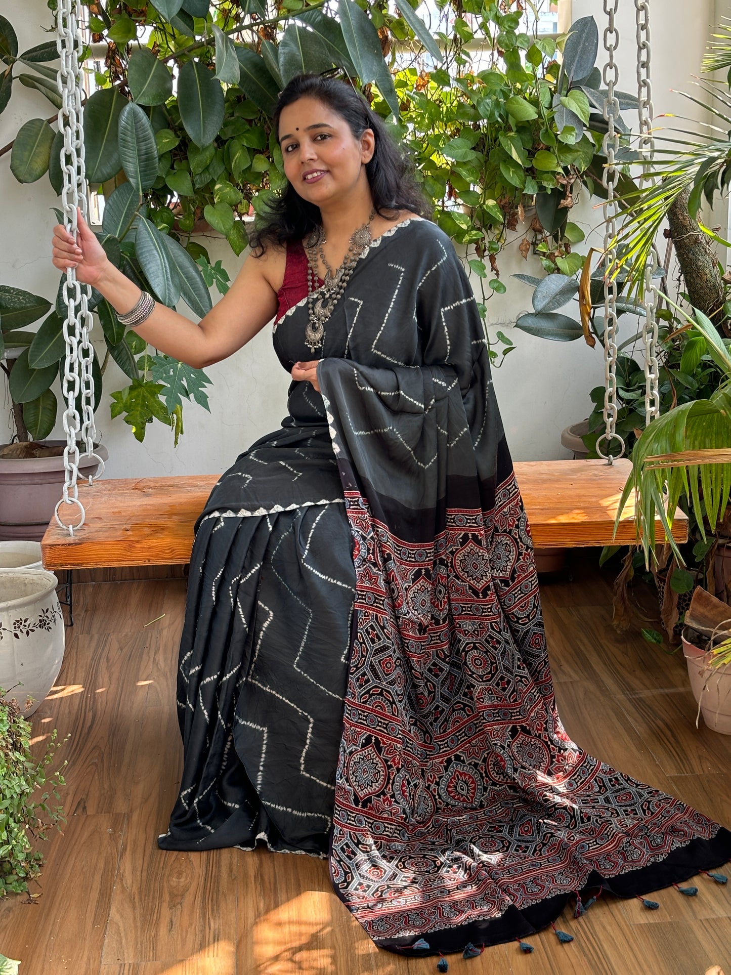 Kala Chasma Jachda - Needle Shibori Tie and Dye Pure Modal Saree With Ajrakh Hand Block Anchal and Blouse