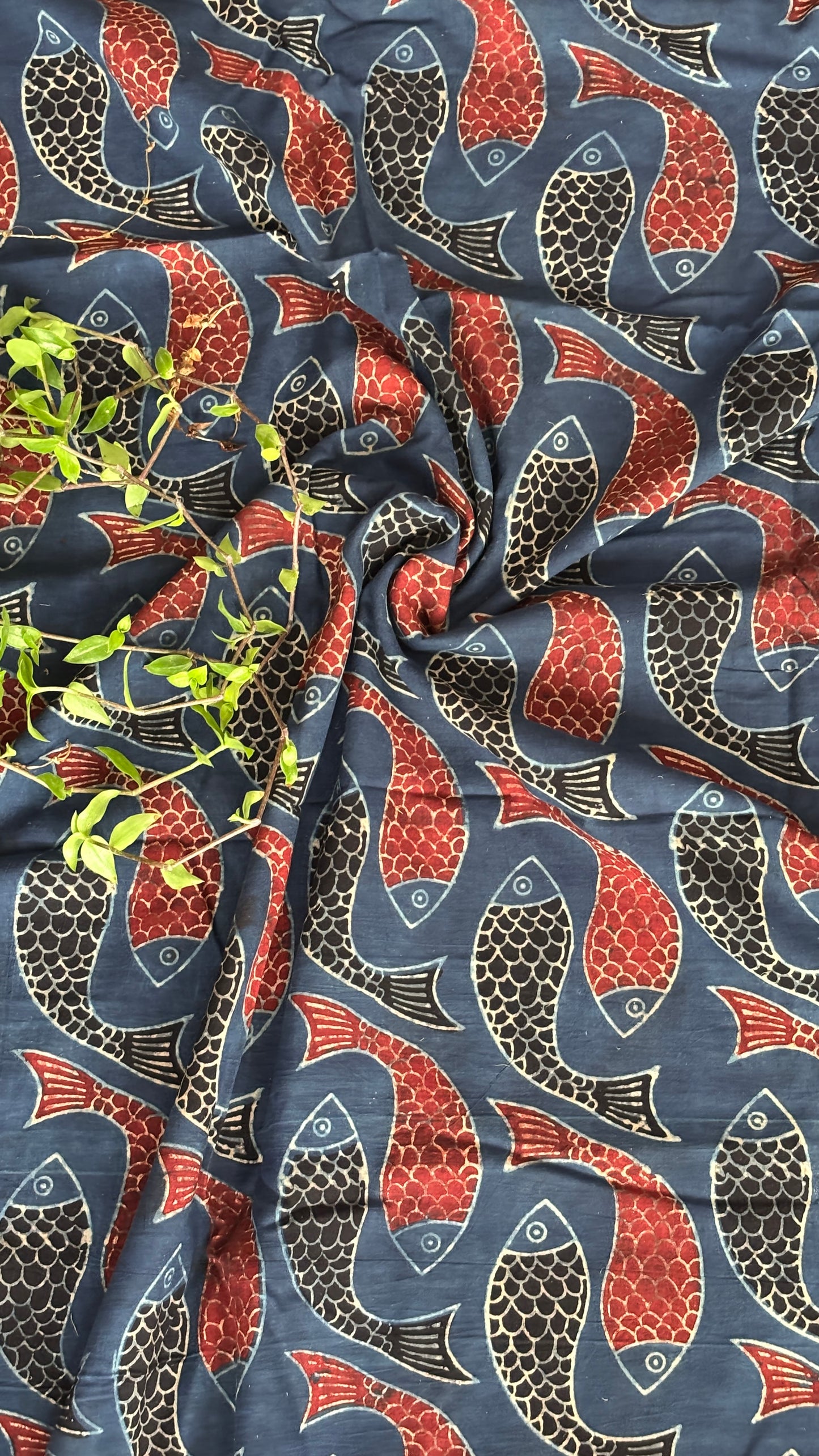 Indigo Colour Natural Dyed Ajrakh Hand Block Printed Fish Motif Organic Cotton Fabric