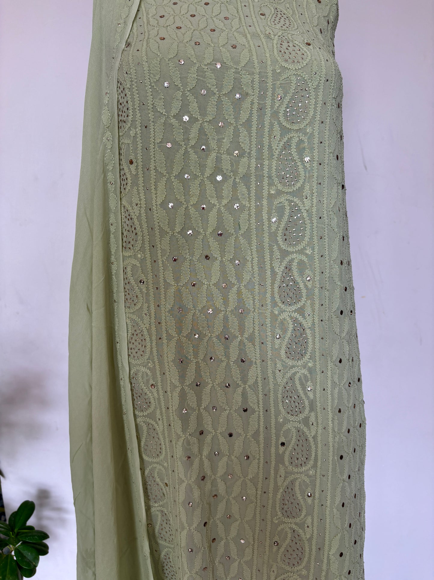 Greenish Olive Intricate Chikankari Hand Embroidered Shirt and Dupatta Fabric Adorned With Mukaish