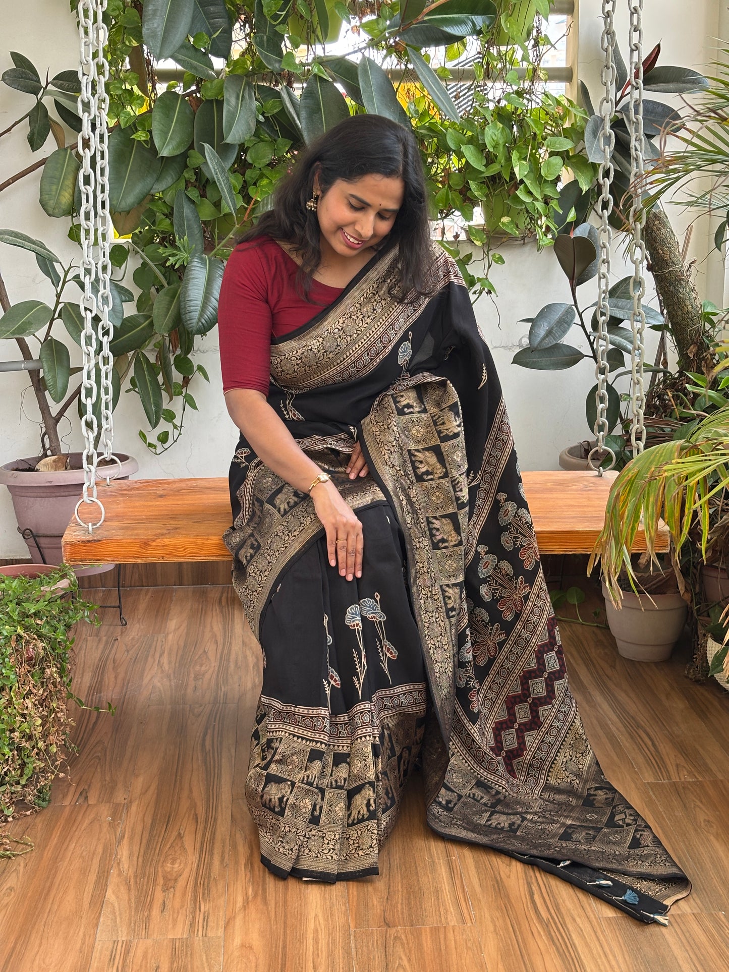 Guldasta - Black Colour Natural Dyed Floral Stalk Motif Ajrakh Hand Block Printed Dola Silk Saree