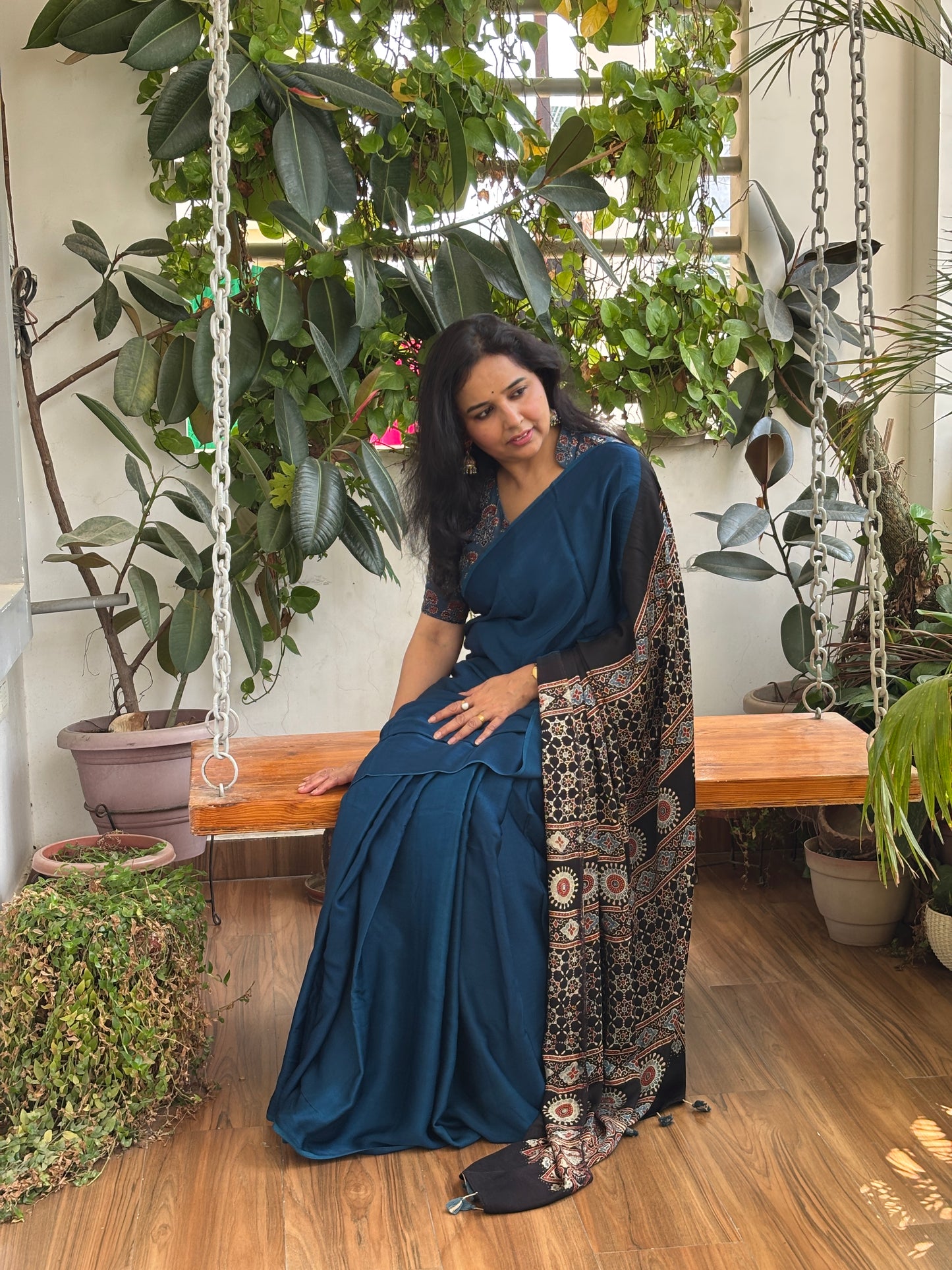 Sindhu - Blue Colur Body and Natural Dyed Ajrakh Anchal Premium Modal Saree