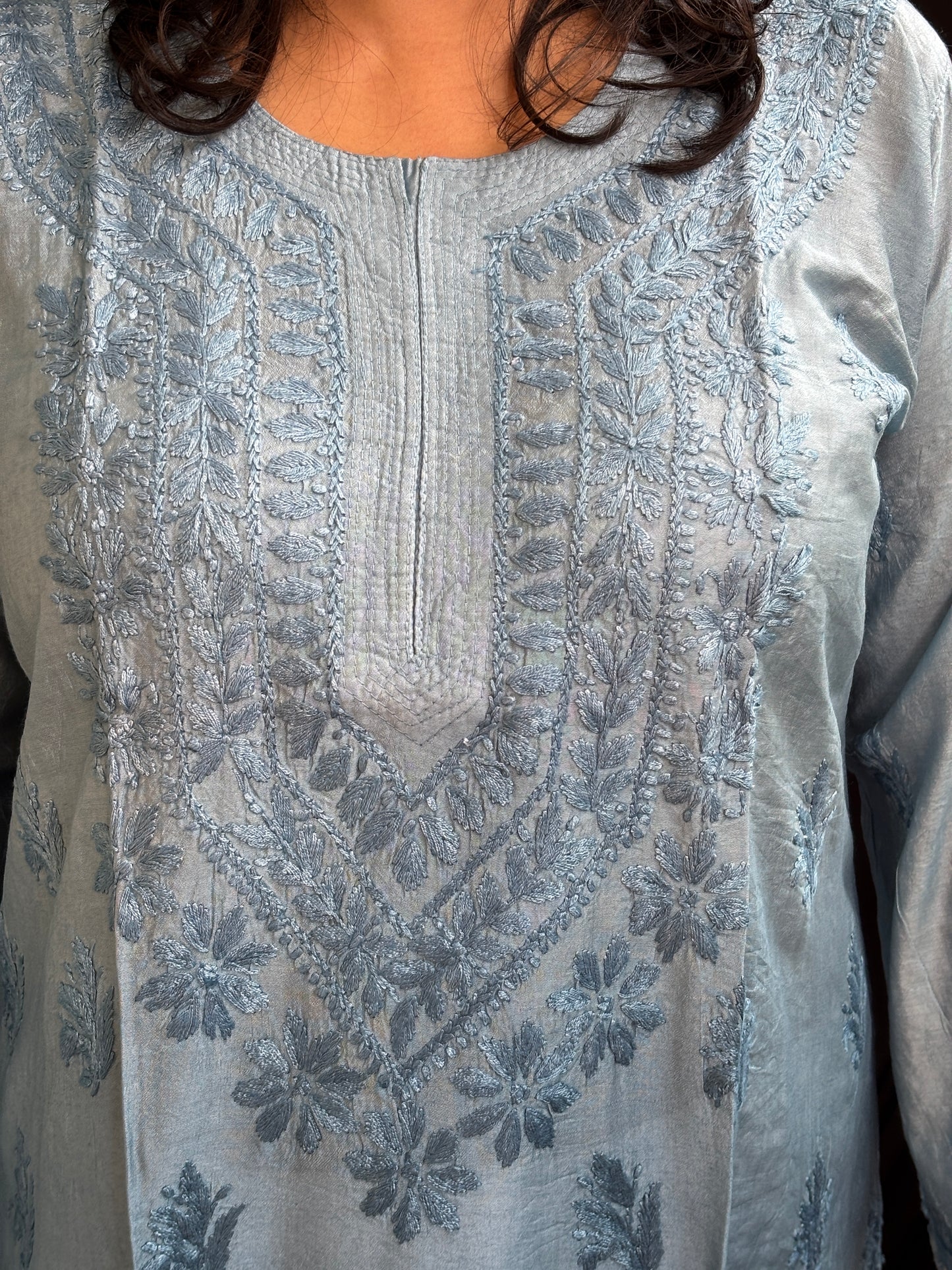 Chanderi Cotton Chikan Hand Embroidered Ombre Dyed Kurti