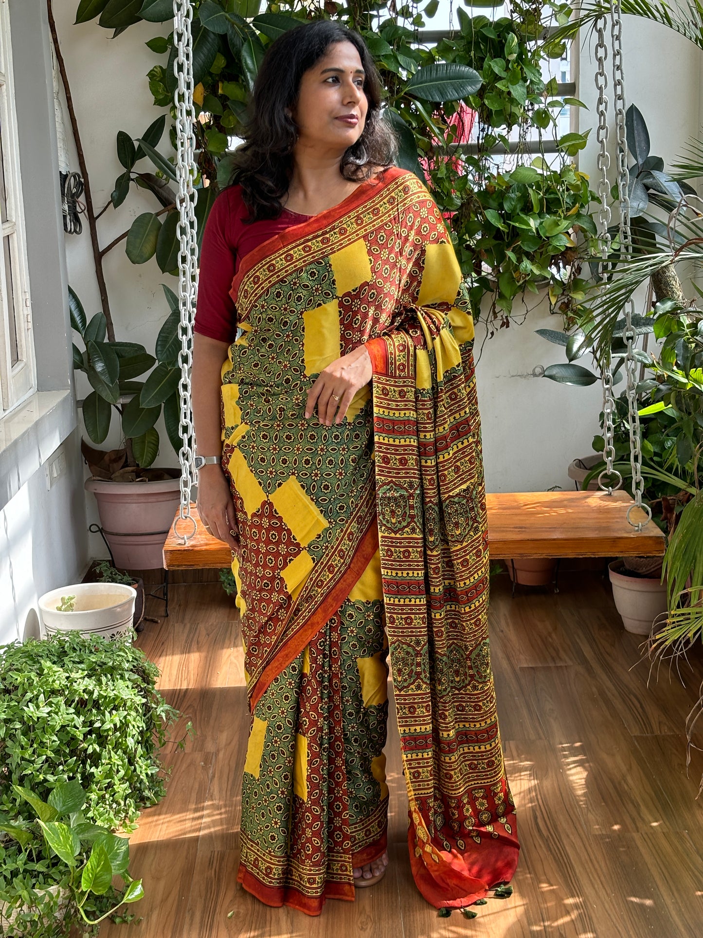 Rangilo Maro - Natural Dye Yellow and Green Modal Premium Saree Contemporary Motif