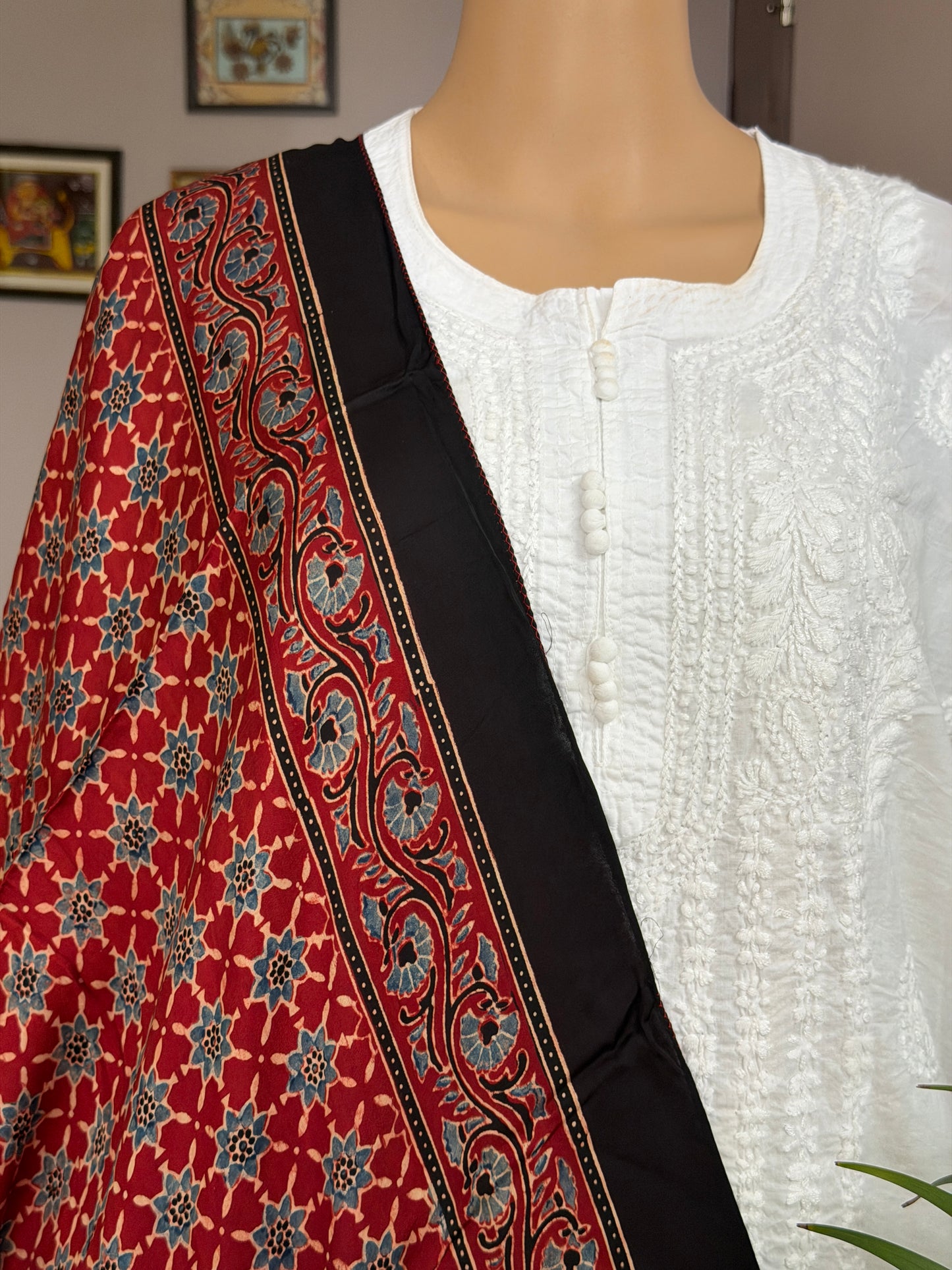 Ajrakh Hand Block Printed Modal Stole In Madder Red Colour