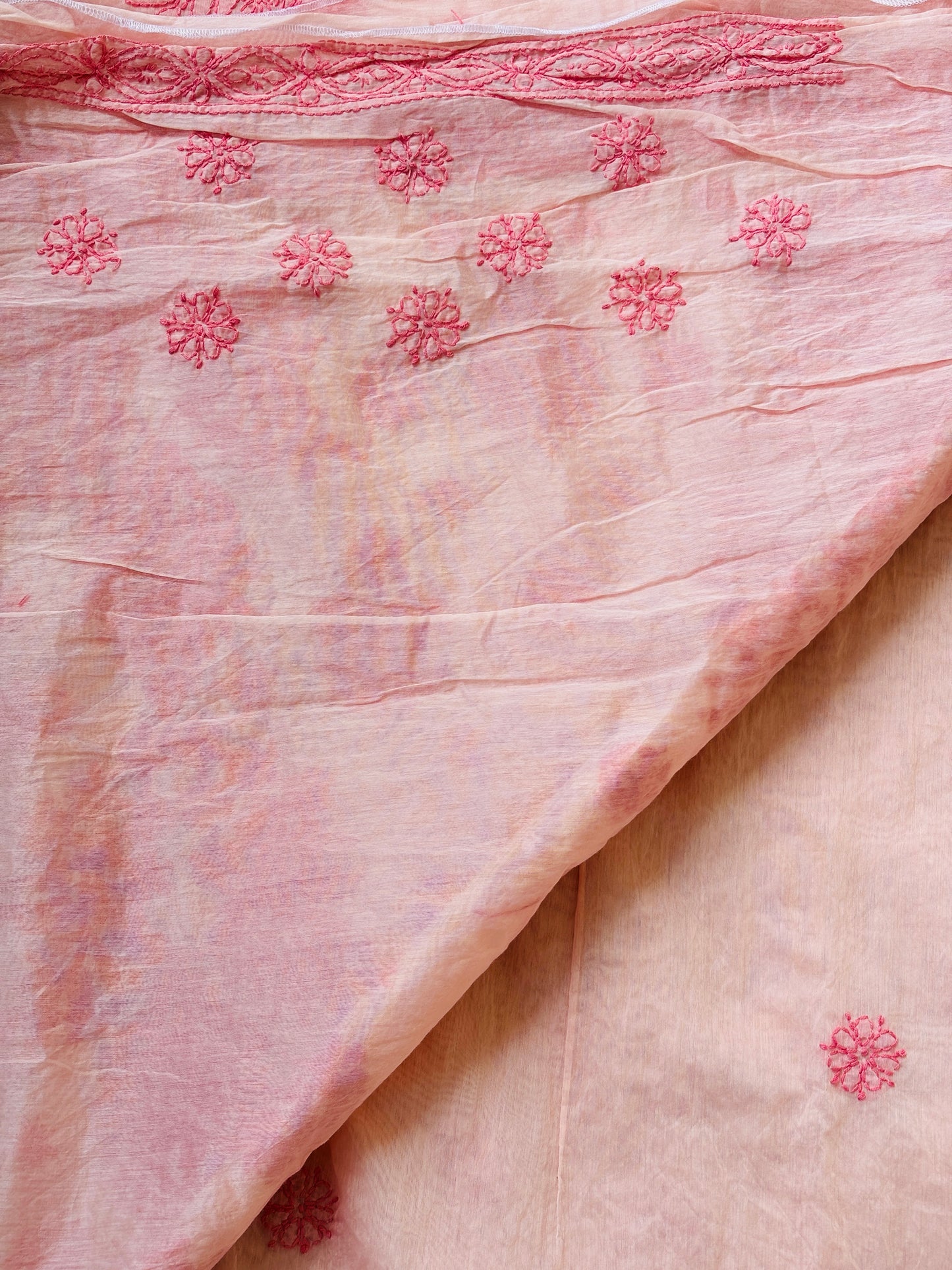 Pink Light Chrushed Candri Cotton Chikankari Hand Embroidered Saree