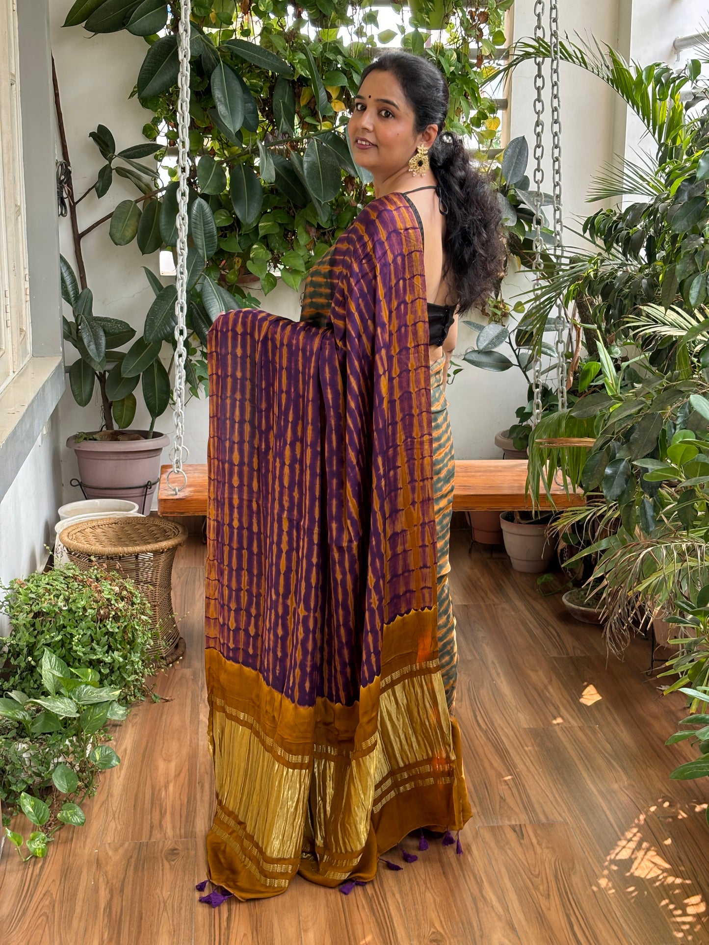 Alpine Green - Hand Shibori Tie and Dye Pure Modal Saree With Lakdi Patta Anchal