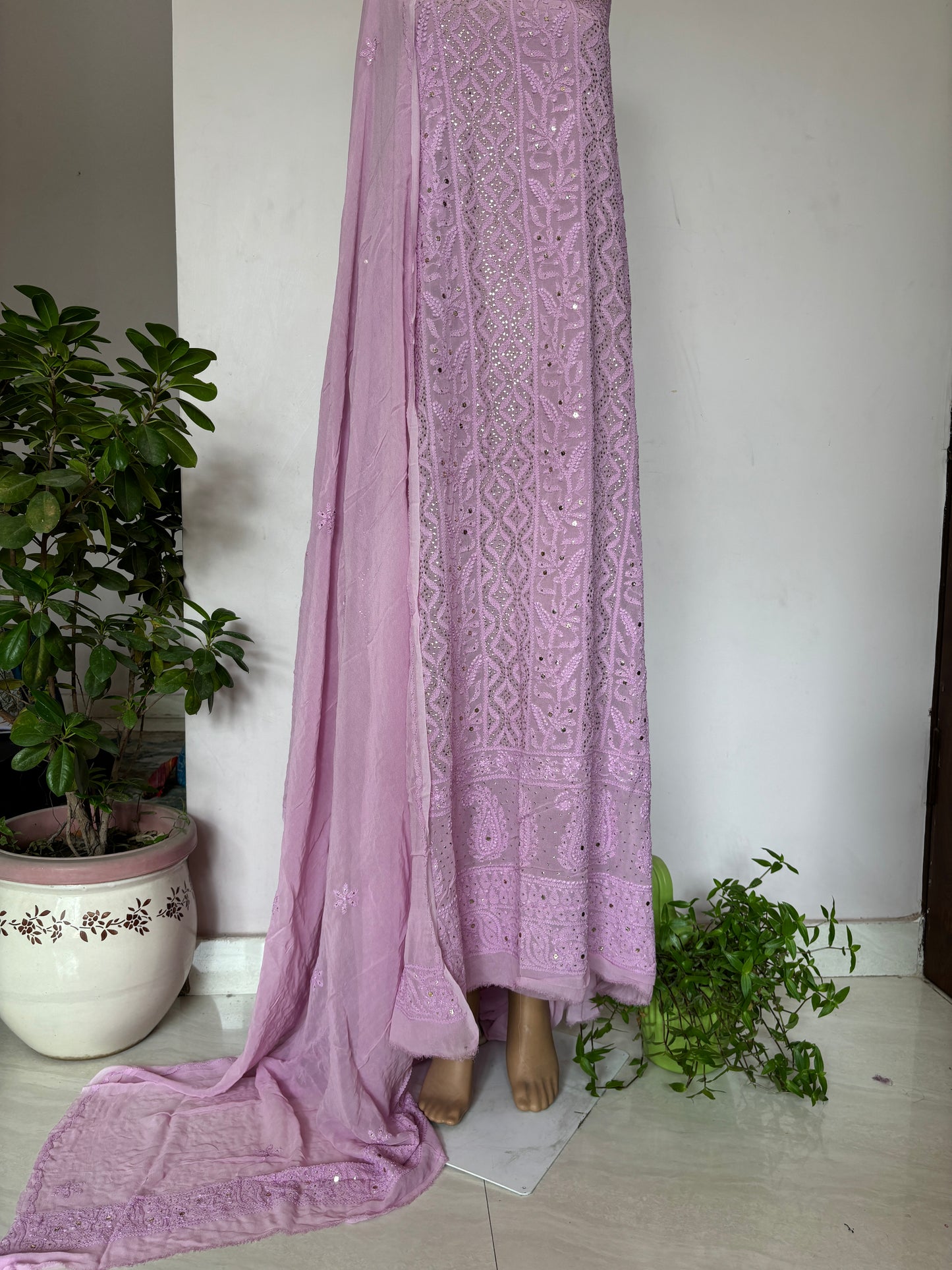 Purple Intricate Chikankari Hand Embroidered Shirt and Dupatta Fabric Adorned With Mukaish