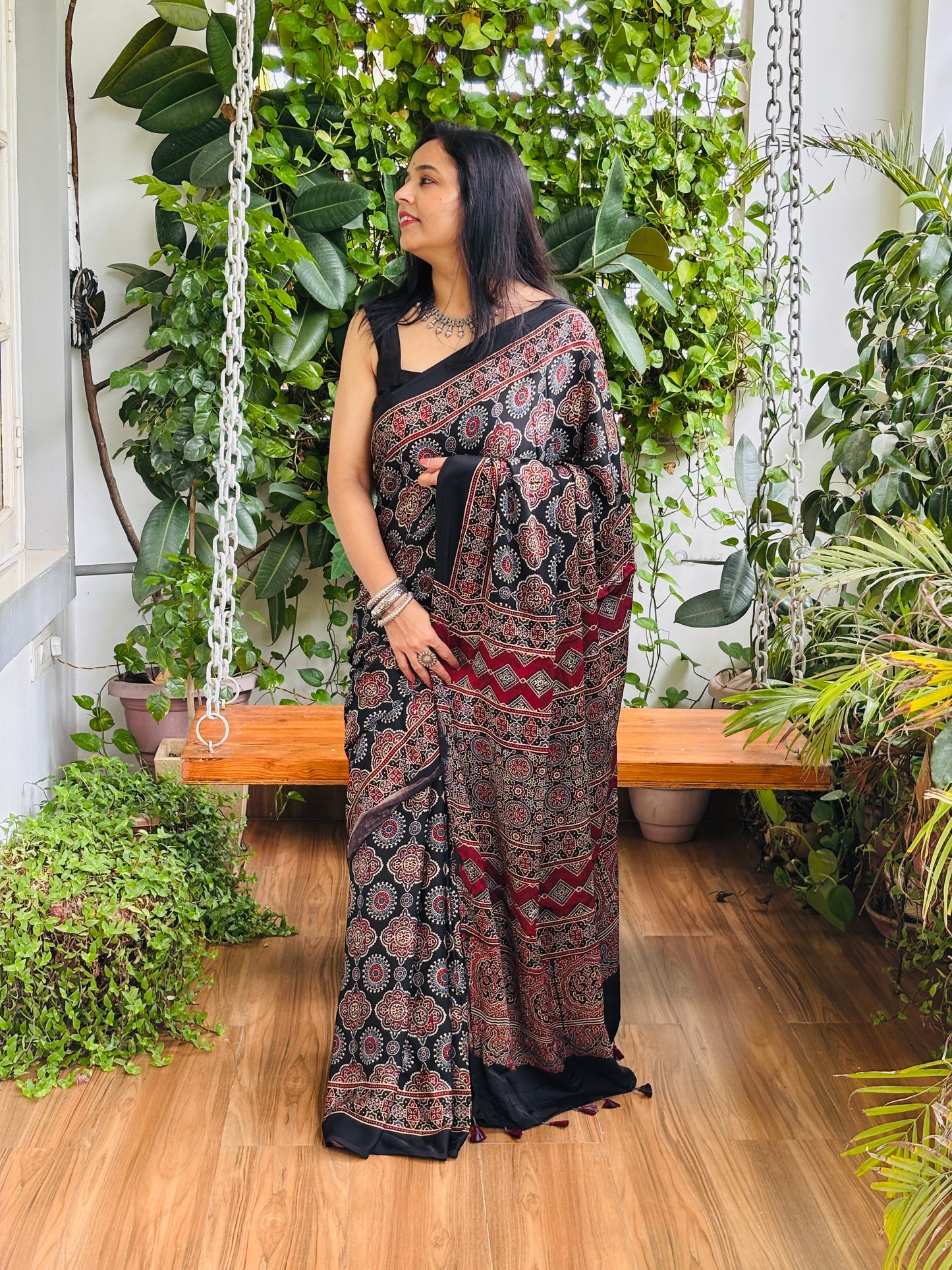 Bahar - Natural Dyed Black Colour Ajrakh Pure Modal Traditional Motif Saree