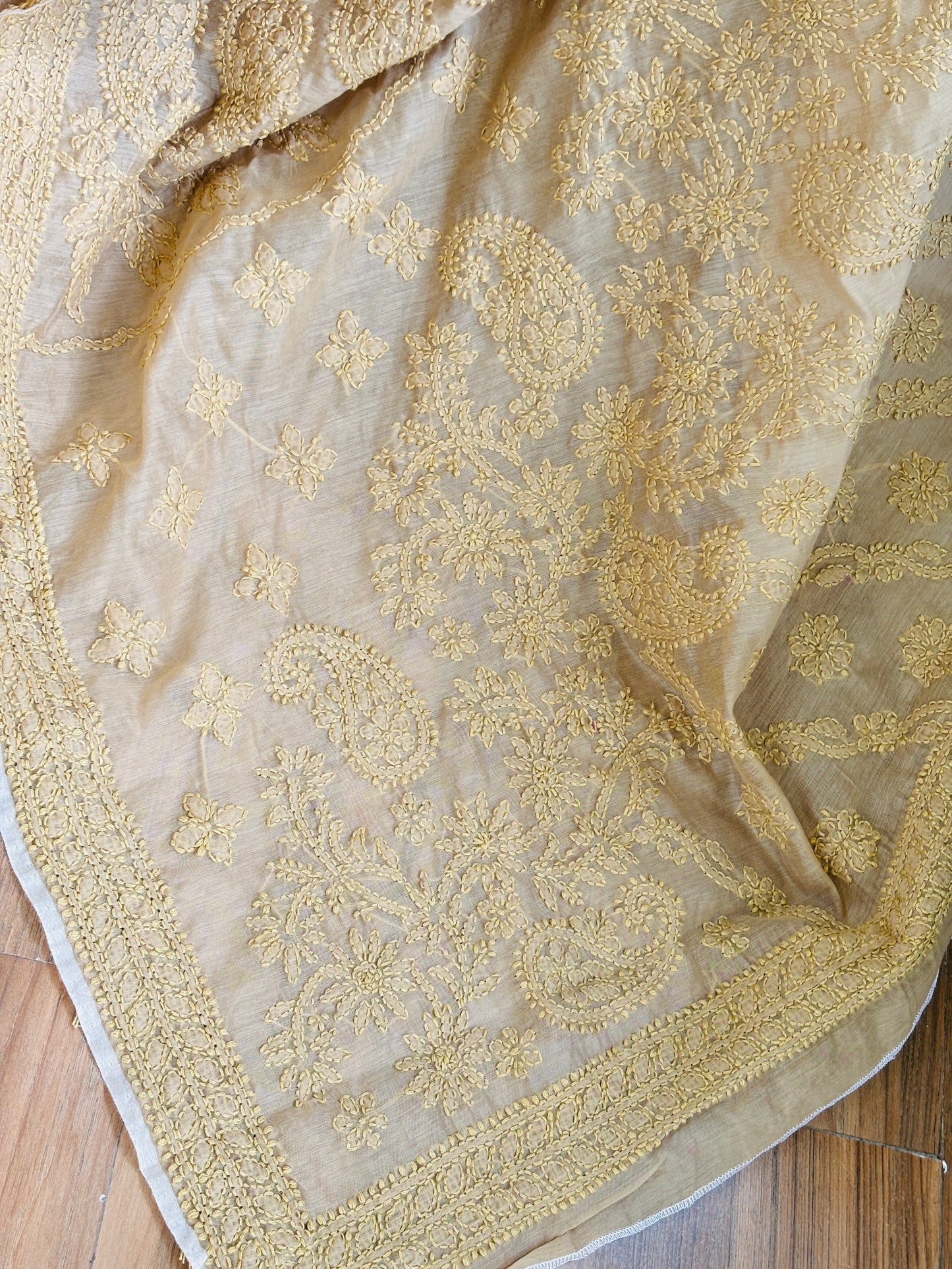 Light Golden Colour Chrushed Candri Cotton Chikankari Hand Embroidered Saree