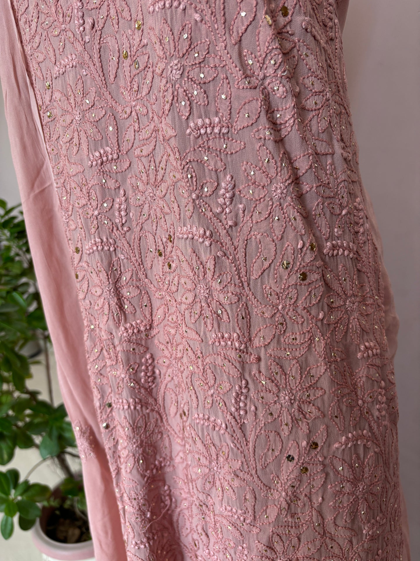 Peach Intricate Chikankari Hand Embroidered Shirt and Dupatta Fabric Adorned With Mukaish