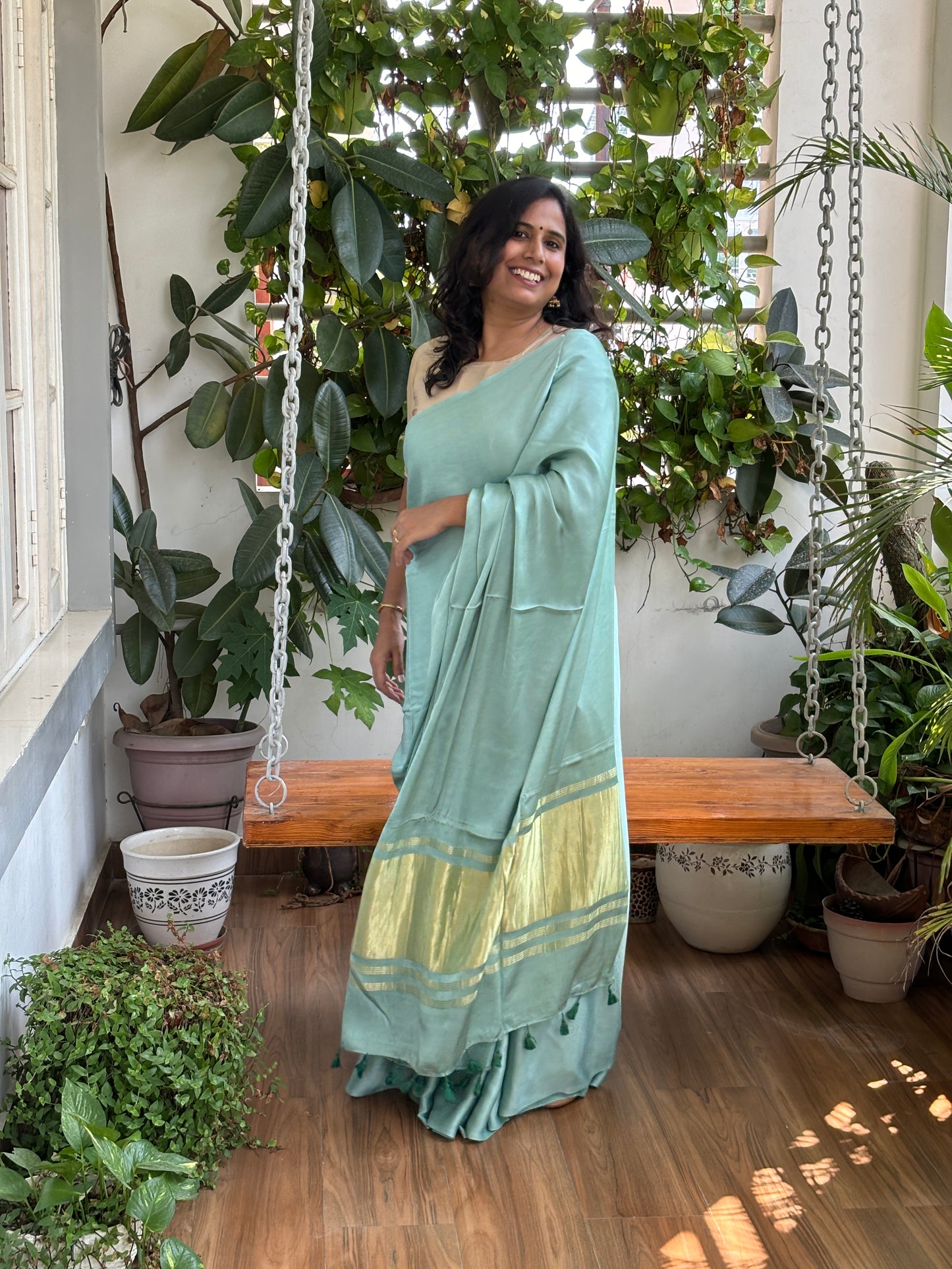 Sea Green Colour Modal Plain Saree With Lagdi Palla