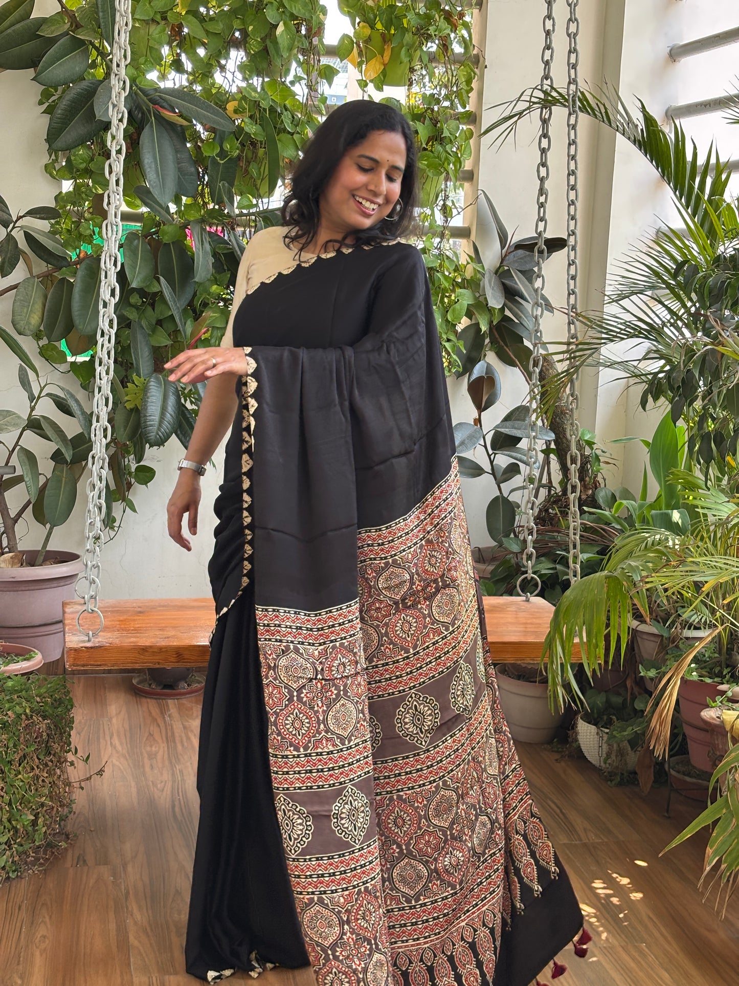 Kajal - Black Colur Body Bandhej Border and Natural Dyed Ajrakh Anchal