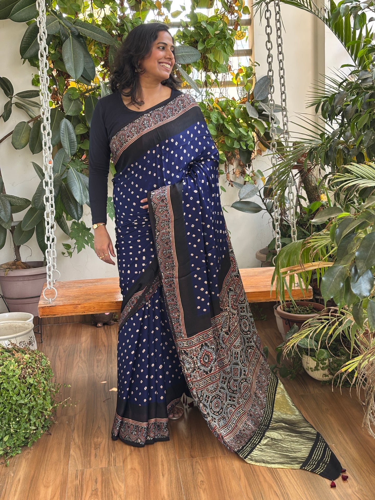 Neela Asman - Hand Bandhej Body and Ajrakh Hand Block Anchal and Border Modal Gaji Silk Saree