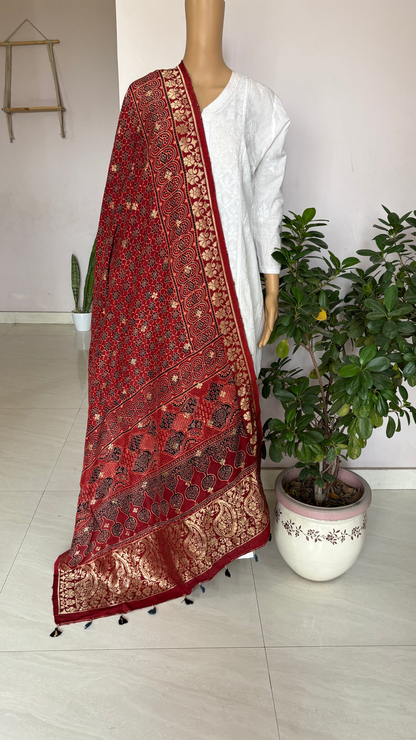 Natural Dyed Madder Colour - Hand Block Ajrakh Dola Silk Dupatta With Zari Weaved Border-8