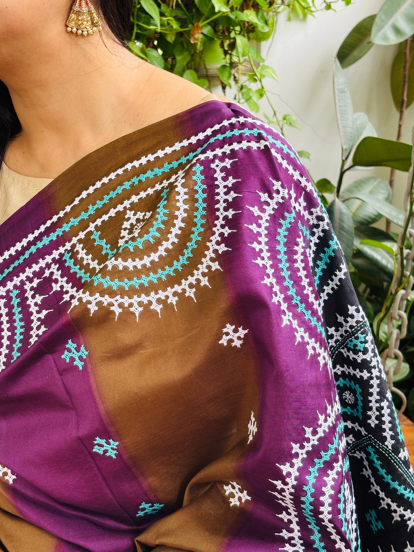 Gujarati Hand Embroidered Pure Bangalore Silk Saree in Multi Colour Tie and Dyed Body and Black Palla