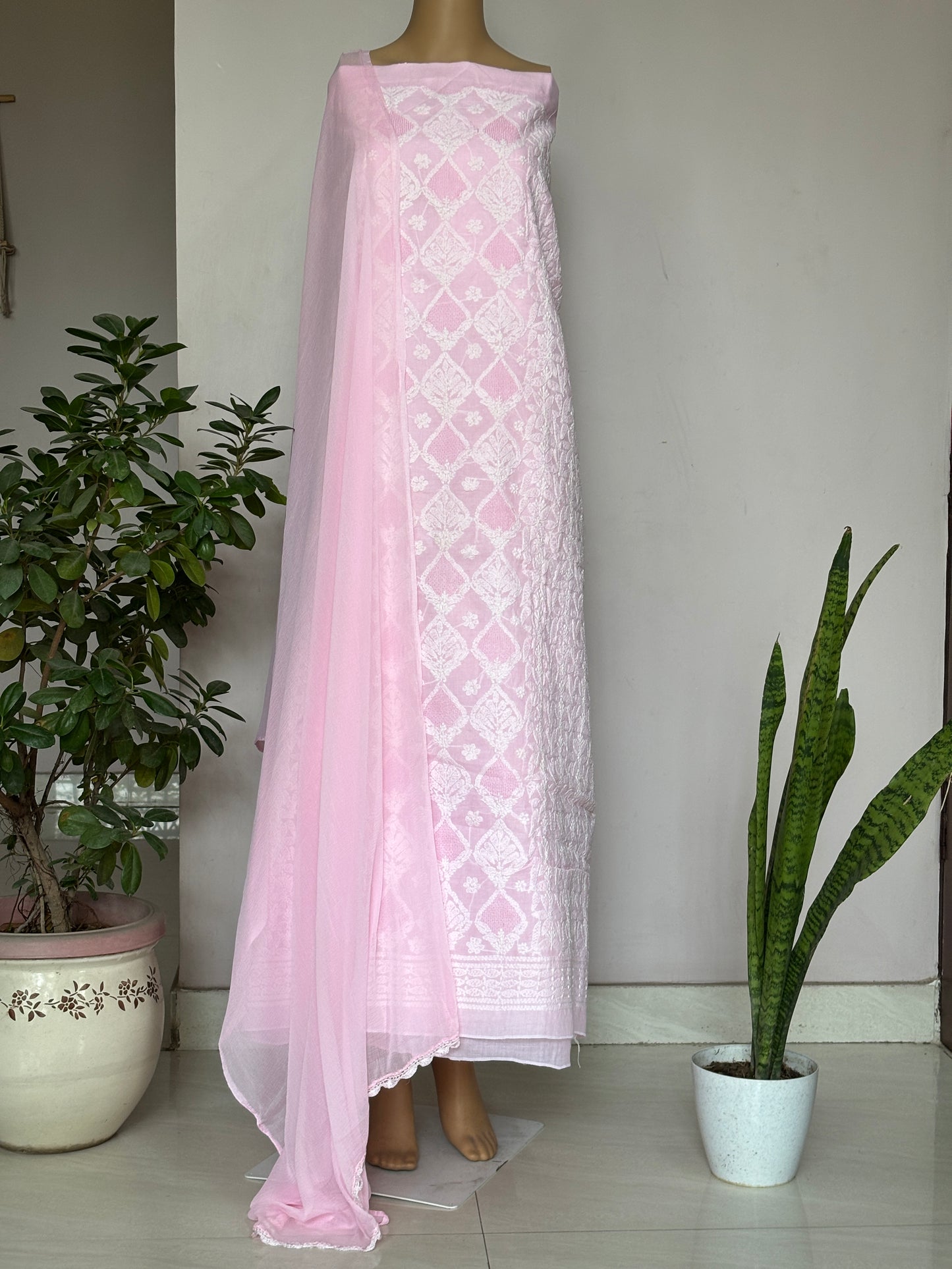 Baby Pink Colour Chikankari Hand Embroidered Cotton Shirt, Bottom and Chiffon Dupatta