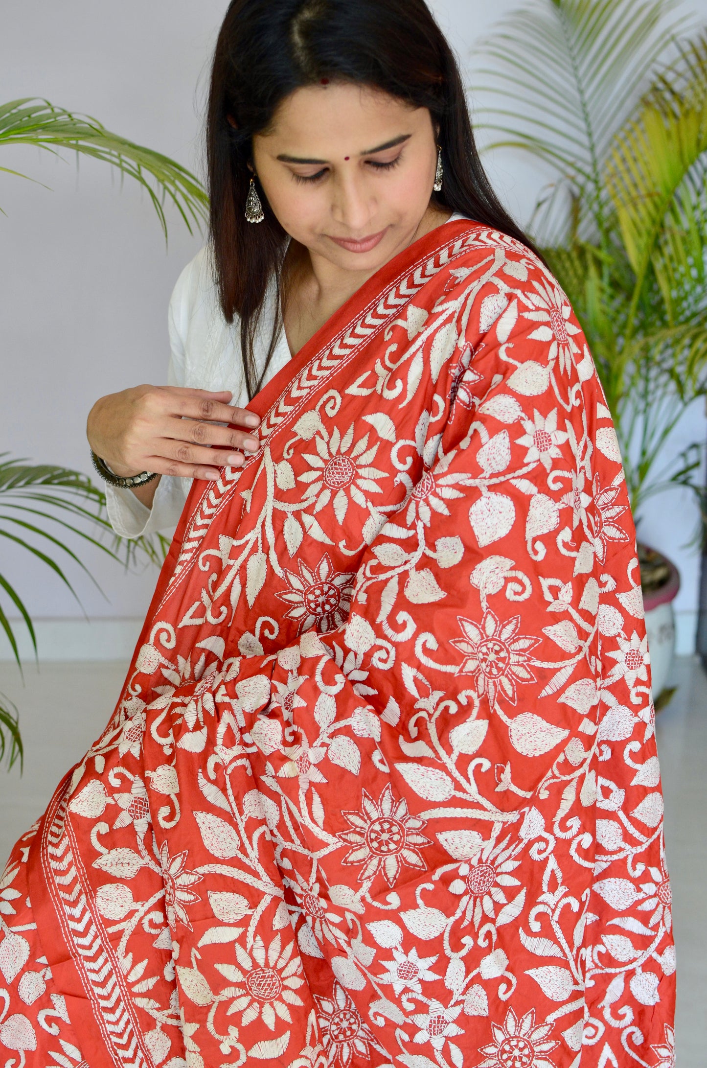 Red Kantha Hand Embroidered Silk Statement Dupatta with Floral Jaal