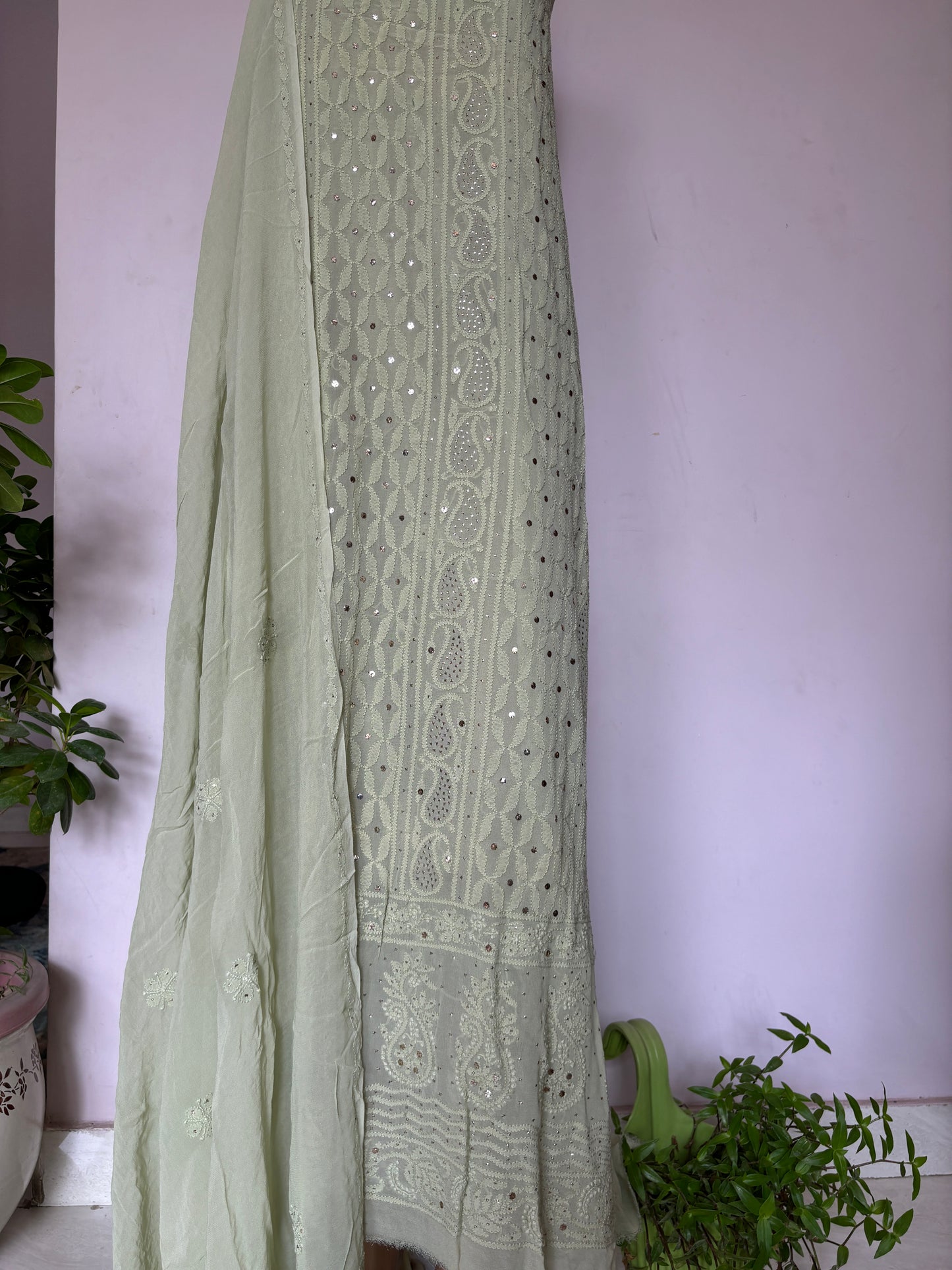 Greenish Olive Intricate Chikankari Hand Embroidered Shirt and Dupatta Fabric Adorned With Mukaish