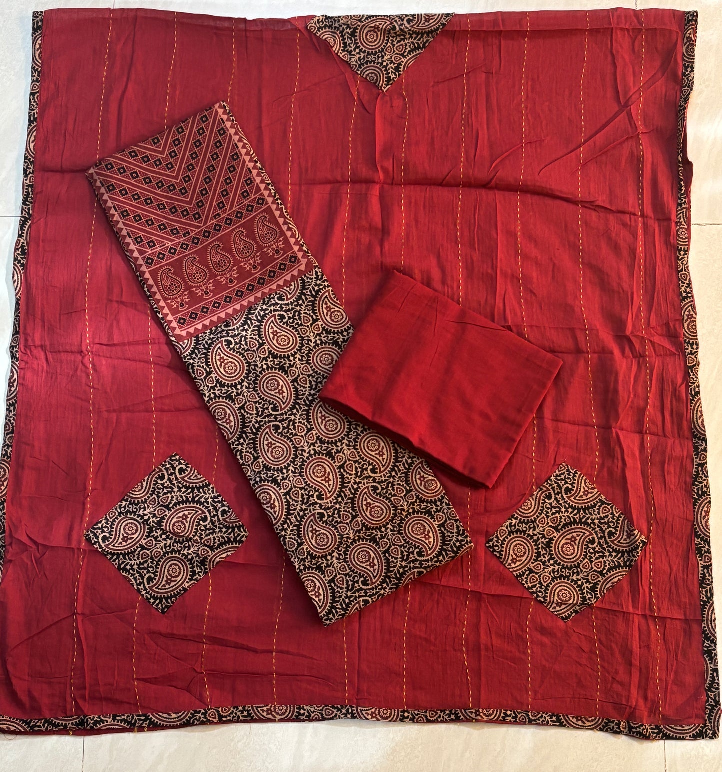 Black and Red Paisley Motif Cotton Unstitched Patch Work Yoke Fabric with Kantha and Applique Dupatta-3