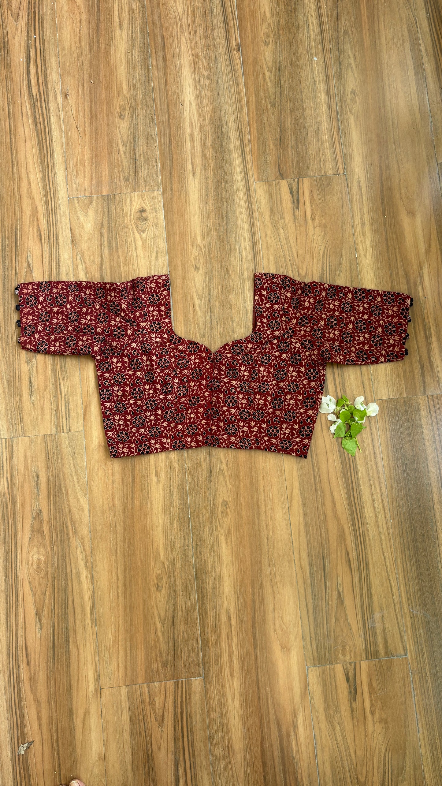 Dark Red Floral Jaal Motif Cotton Sweetheart Neck Blouse. With Cotton Lining. For size chart refer to last picture