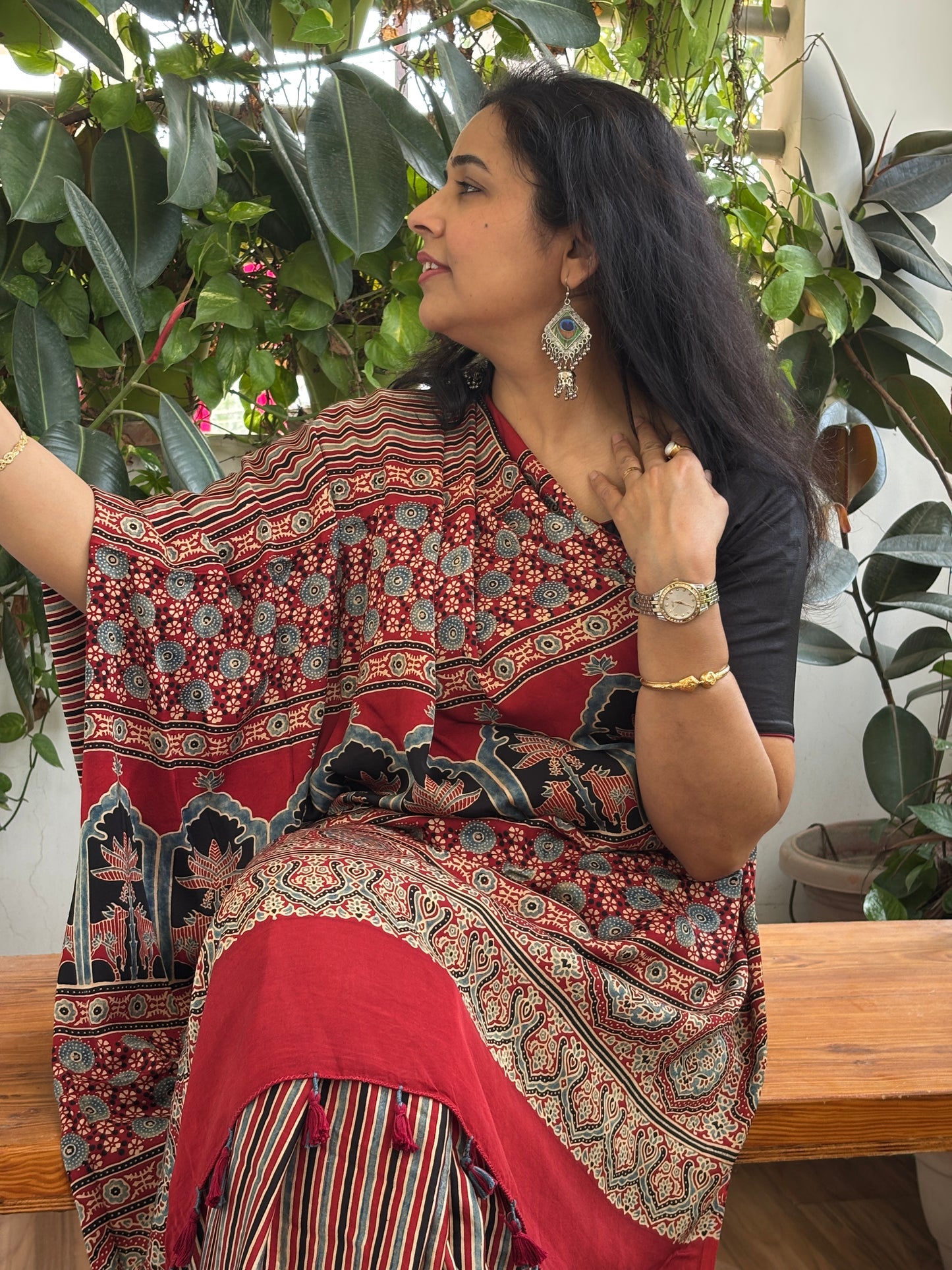 Aahana- Natural Dyed Madder Contemporary Ajrakh Modal Saree with Traditional Anchal