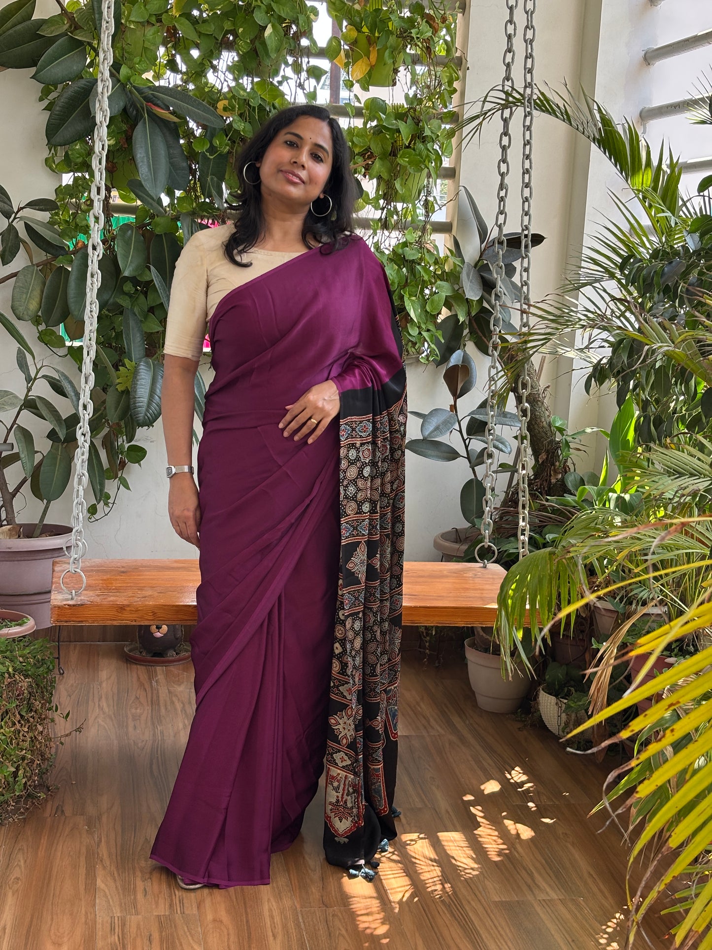 Crushed Berry- Wine Colour Body and Natural Dyed Ajrakh Anchal Premium Modal Saree