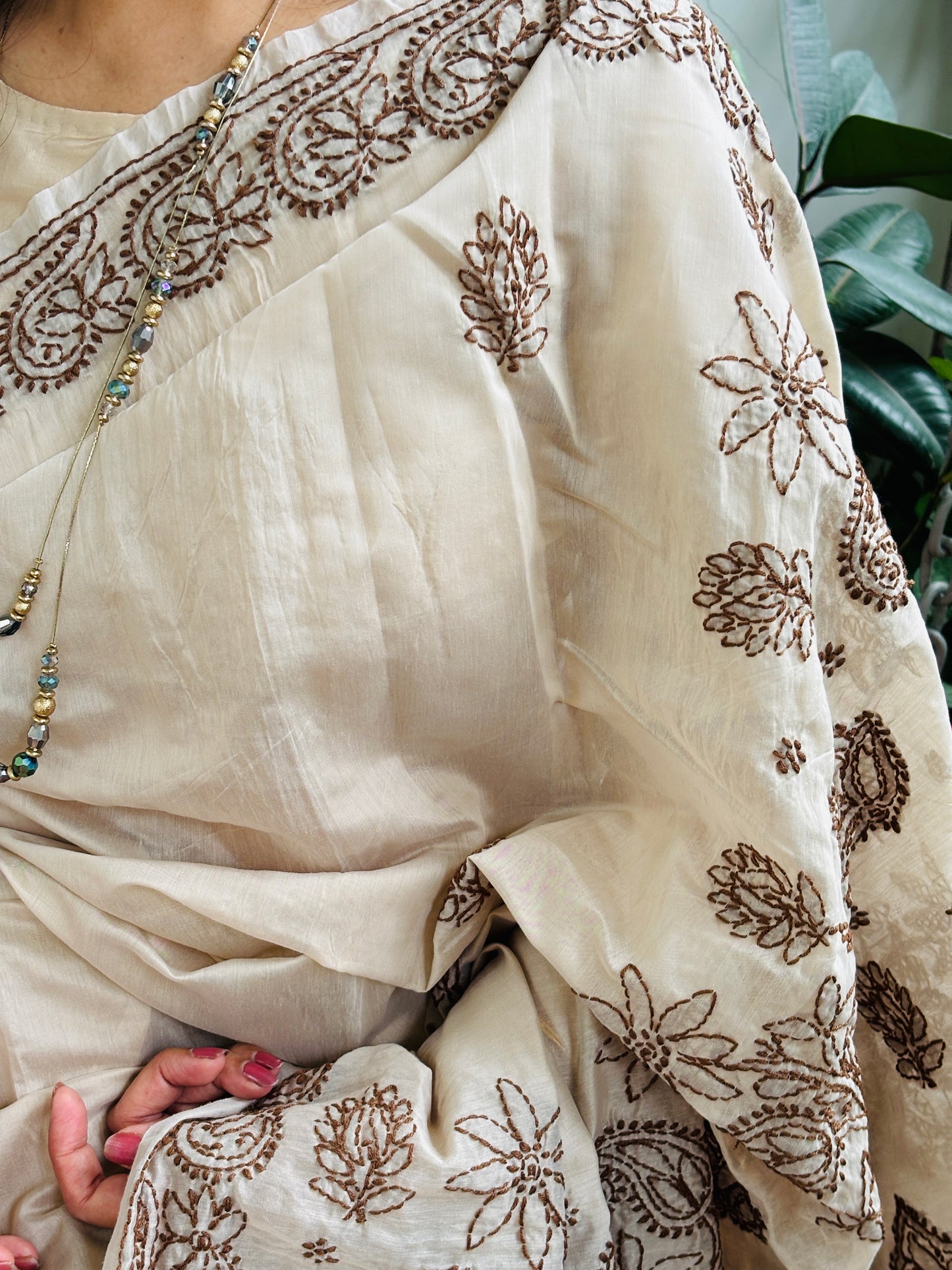 Pale Ivory Light Chrushed Candri Cotton Chikankari Hand Embroidered Saree