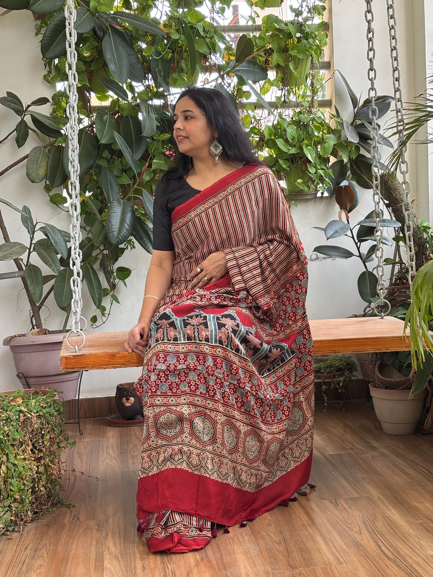 Aahana- Natural Dyed Madder Contemporary Ajrakh Modal Saree with Traditional Anchal