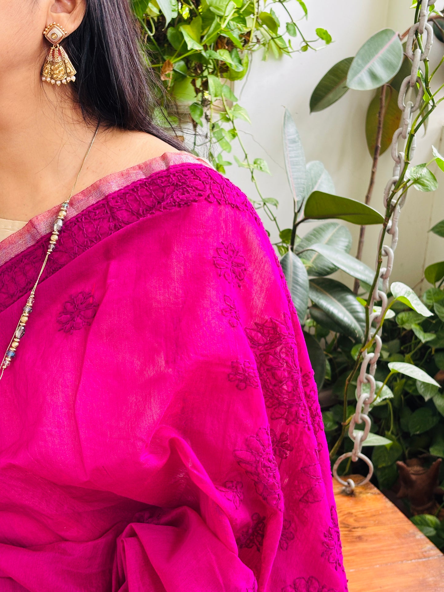 Magenta Colour Chrushed Candri Cotton Chikankari Hand Embroidered Saree