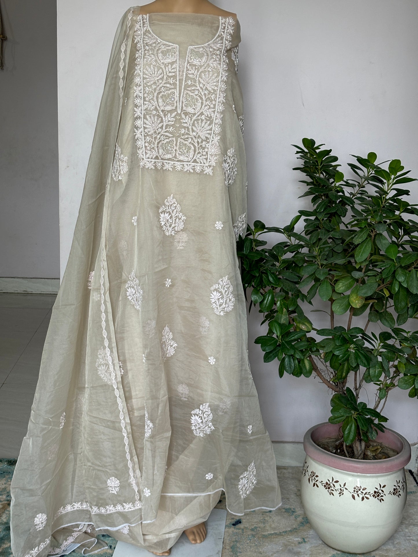 Light Baige Chikankari Hand Embroidered Shirt with Pearl and Cutdana Work on Organza Fabric (Copy)