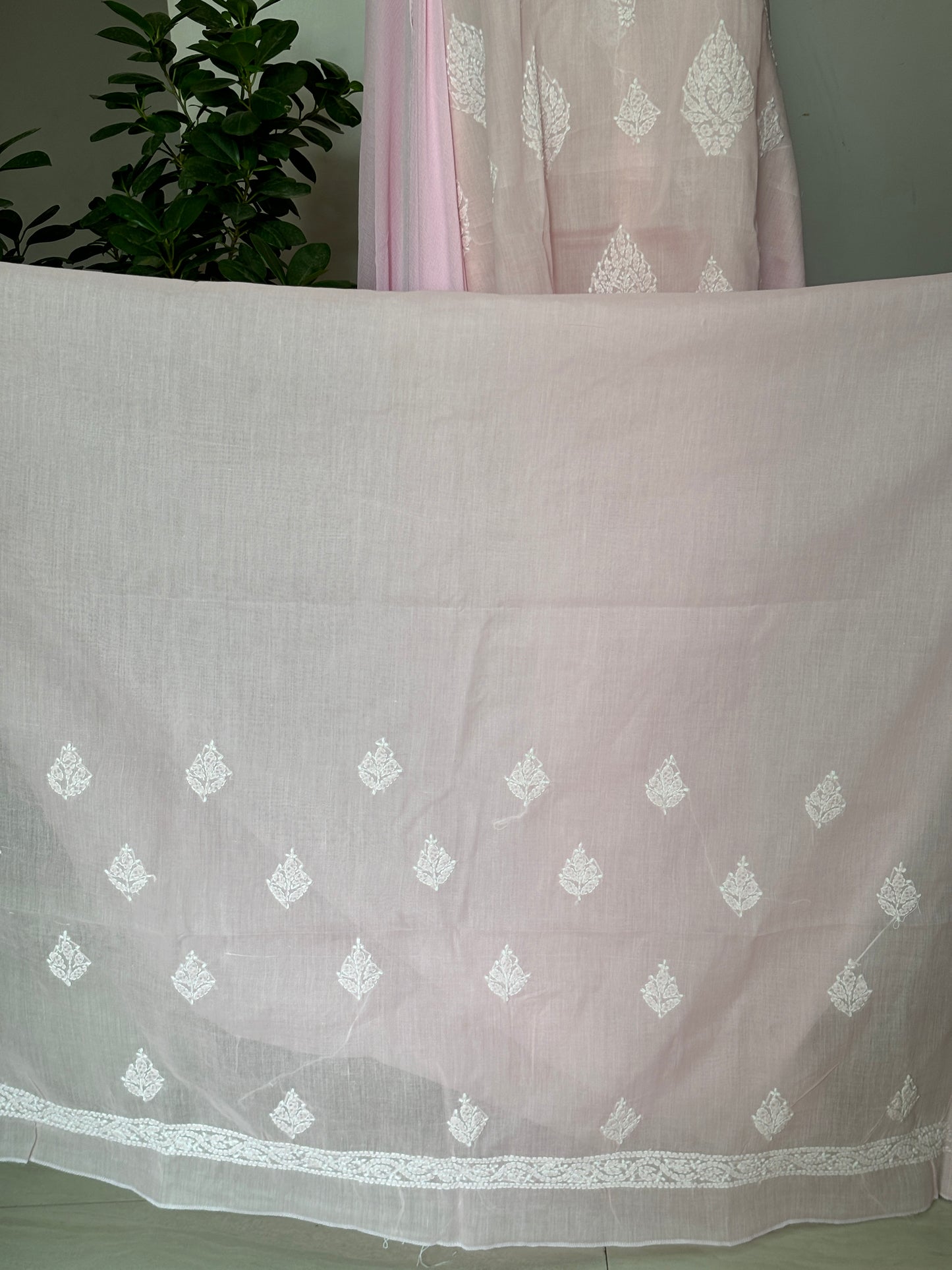 Baby Pink Pink Chikankari Hand Embroidered Shirt and Bottom with Chiffon Dupatta (2)