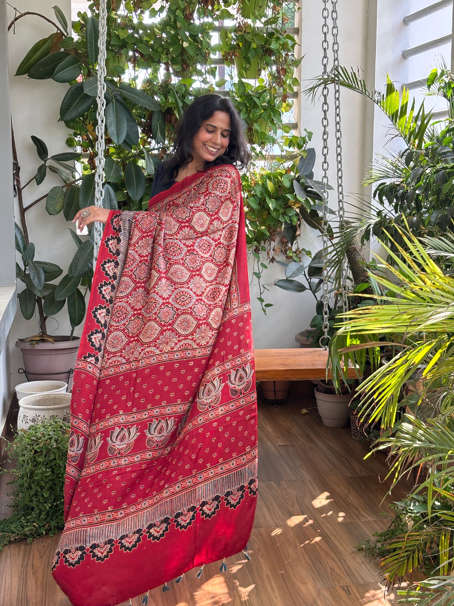Evergreen Charming Red - Natural Dyed Madder Colour Traditional Motif with Contemporary Anchal Modal Saree