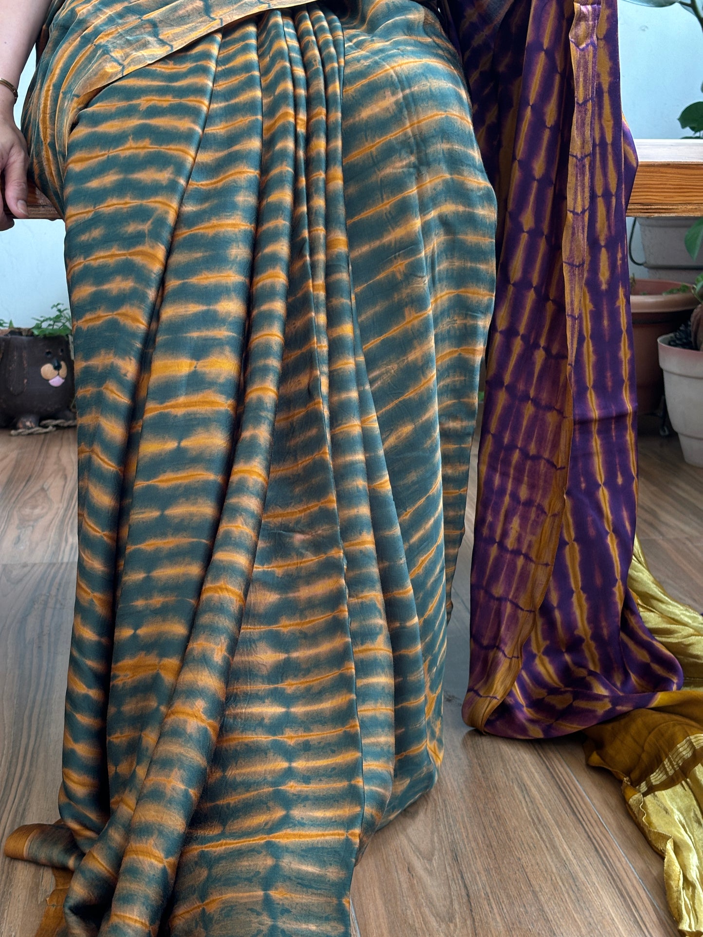 Alpine Green - Hand Shibori Tie and Dye Pure Modal Saree With Lakdi Patta Anchal