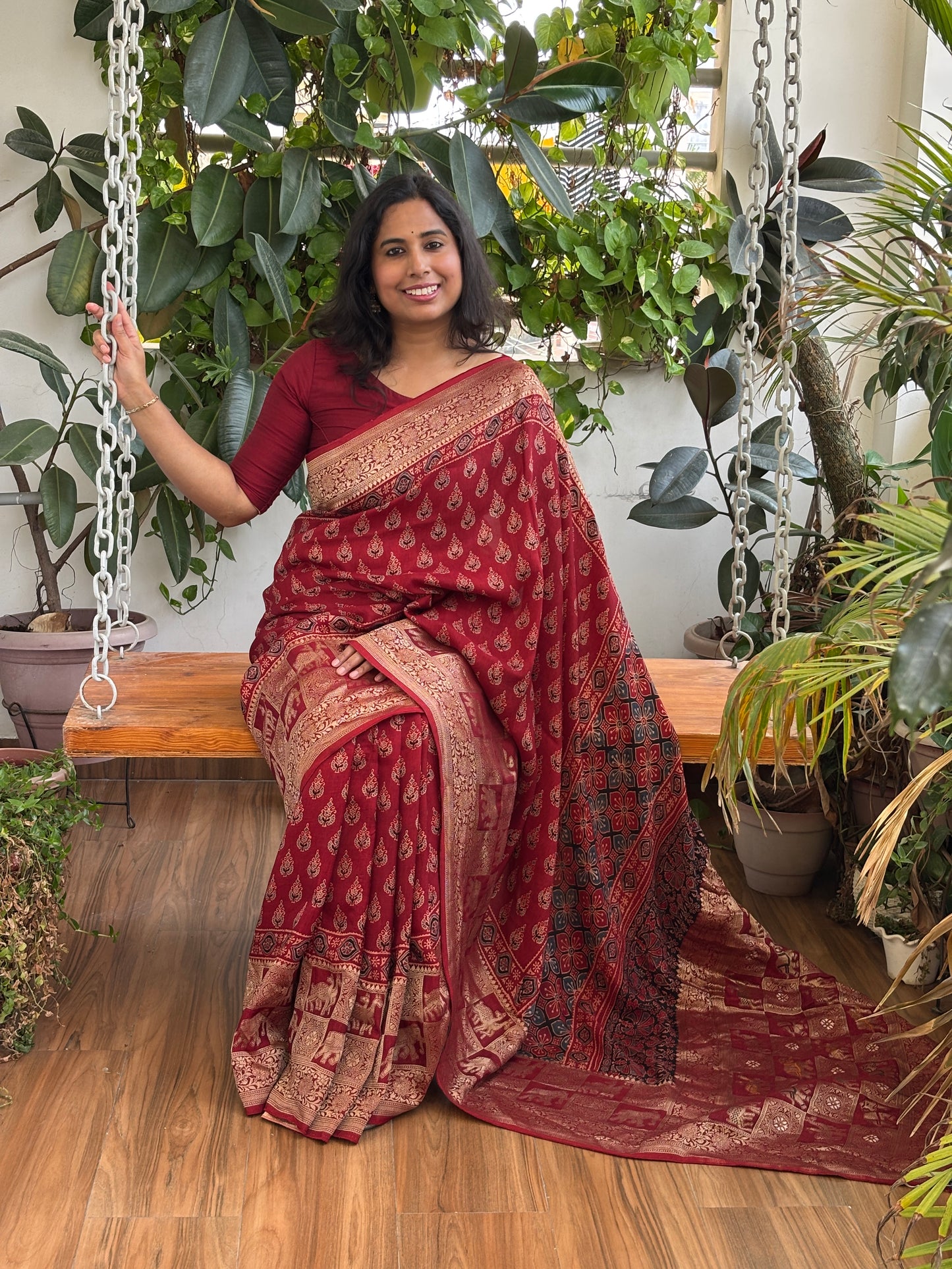 Lal Pankhudi - Madder Colour Natural Dyed Small Floral Motif Ajrakh Hand Block Printed Dola Silk Saree