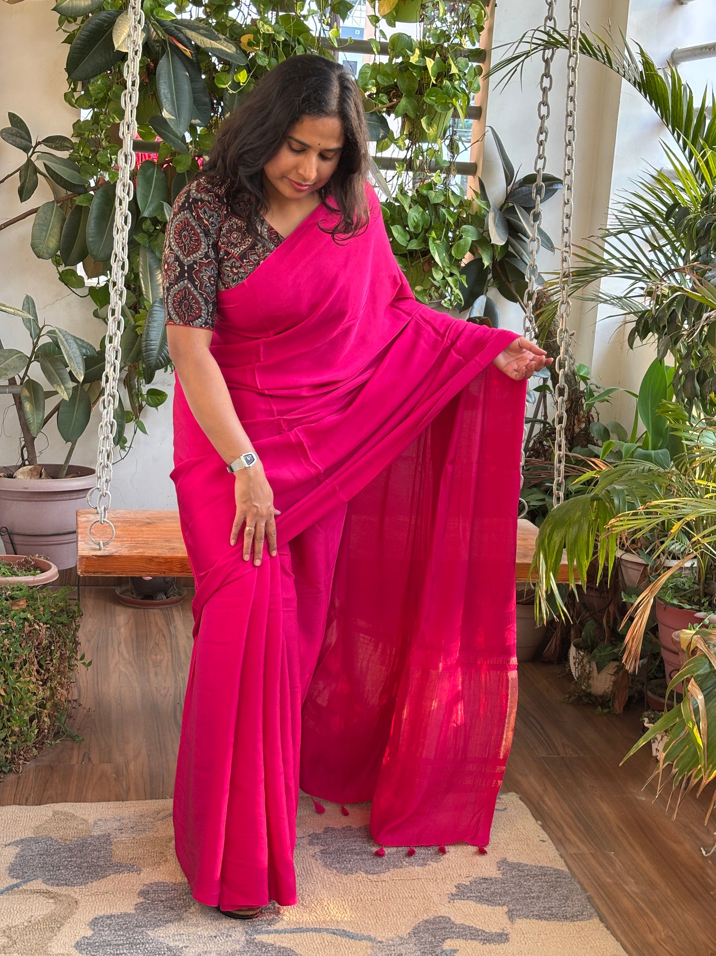 Rani Pink Colour Modal Plain Saree With Lagdi Palla