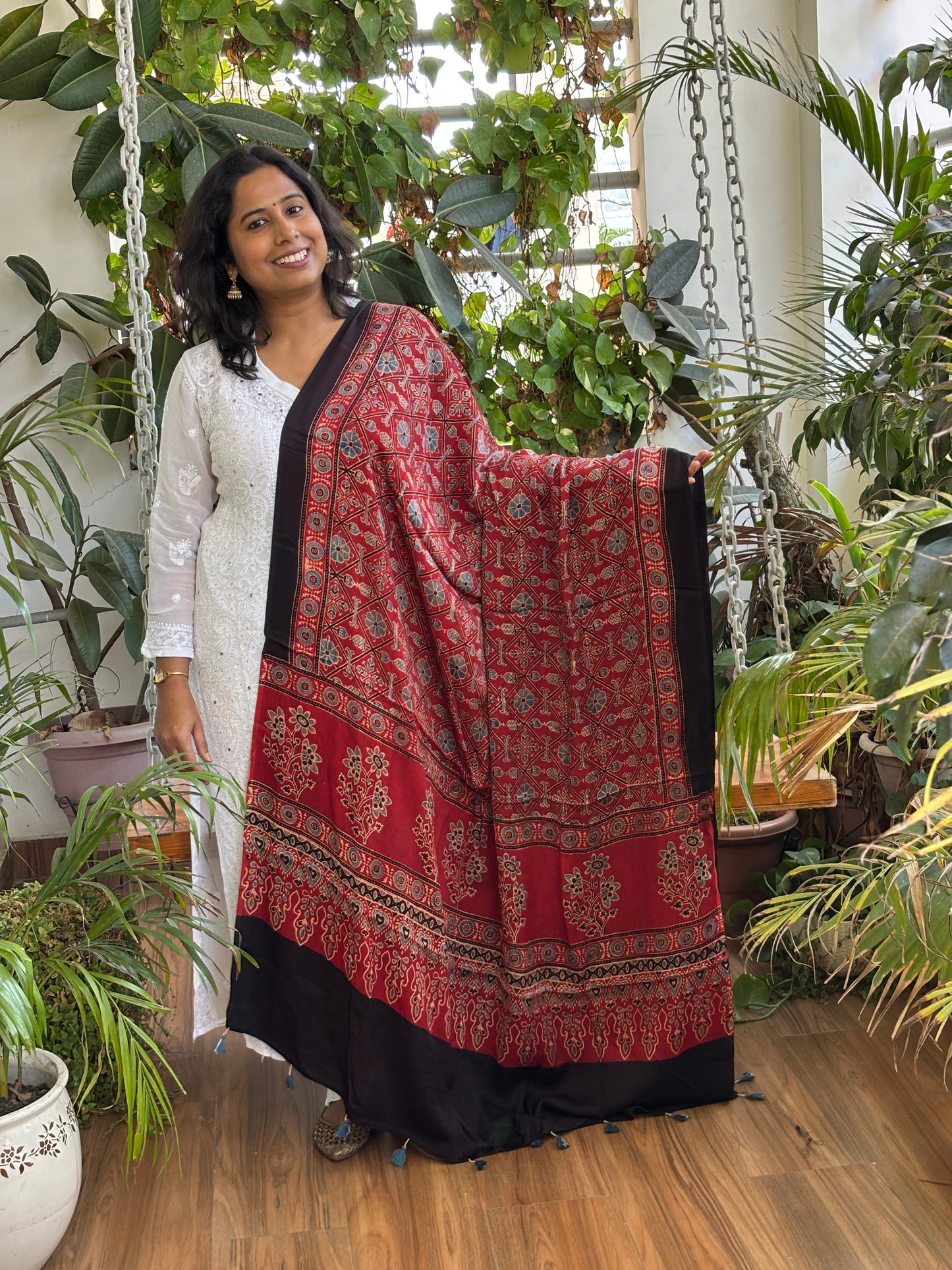 Ajrakh Madder Natural Dyed Modal Dupatta Contemporary Box and Floral Motif Dupatta
