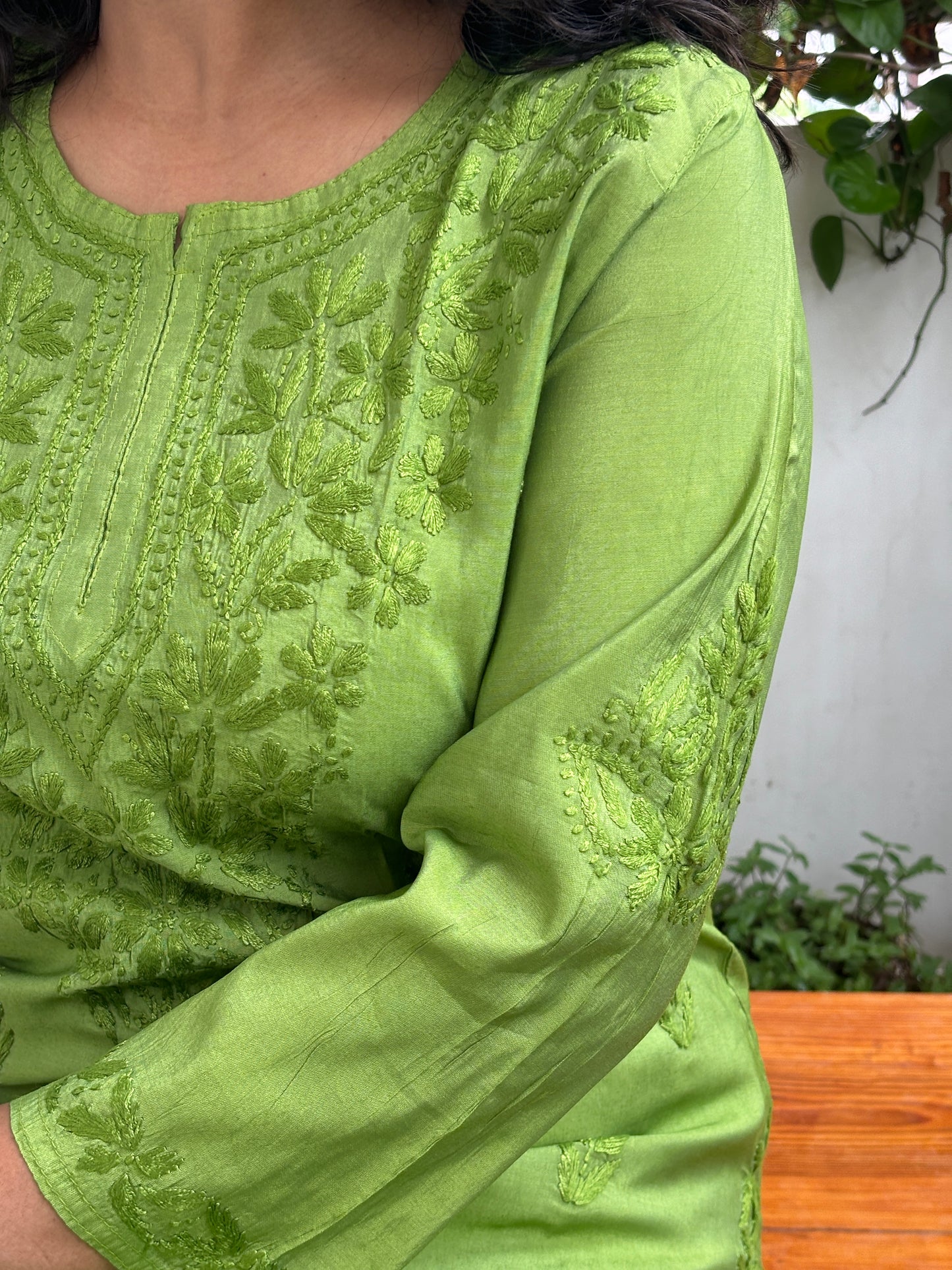 Green Chanderi Chikan Hand Embroidered Kurti