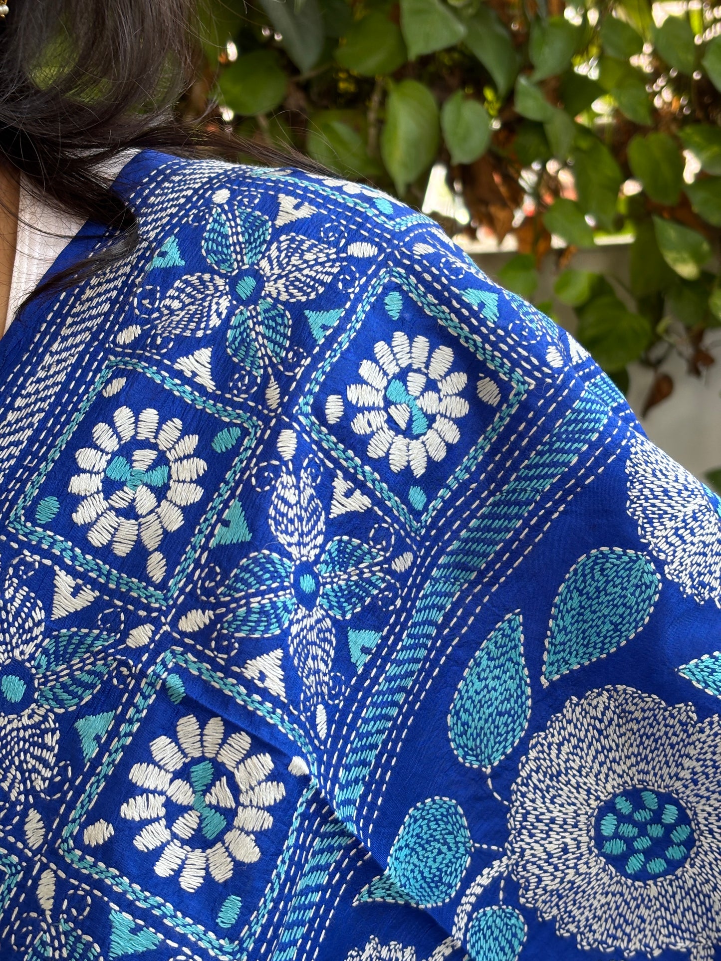 Rolyal Blue Colour Kantha Hand Embroidered Pure Silk Dupatta