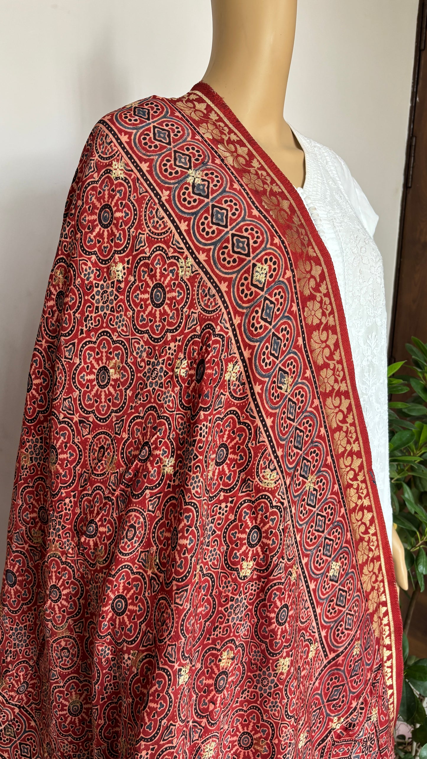 Natural Dyed Madder Colour - Hand Block Ajrakh Dola Silk Dupatta With Zari Weaved Border-5