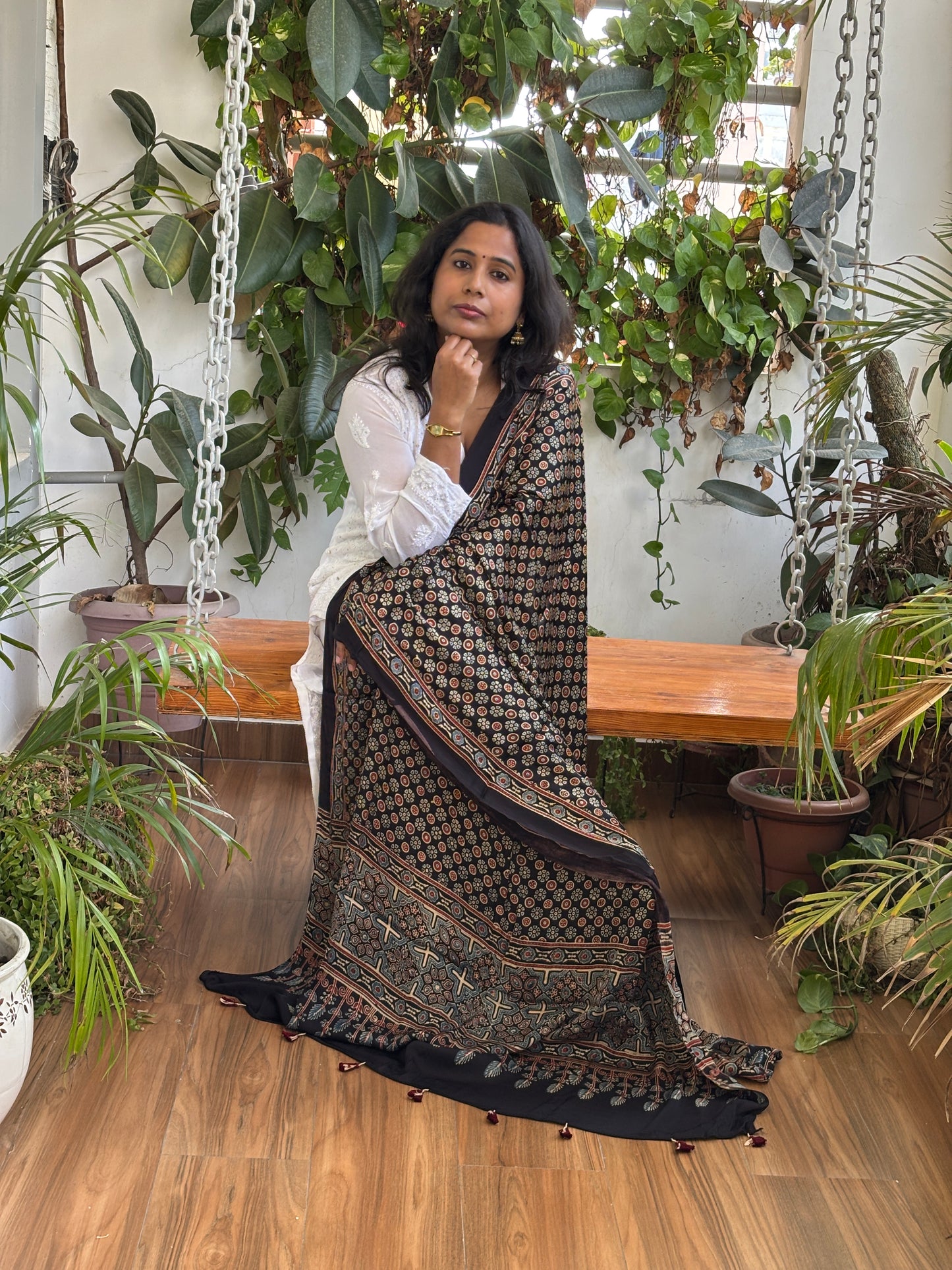 Ajrakh Black Natural Dyed Modal Dupatta Small Circular Floral Motif