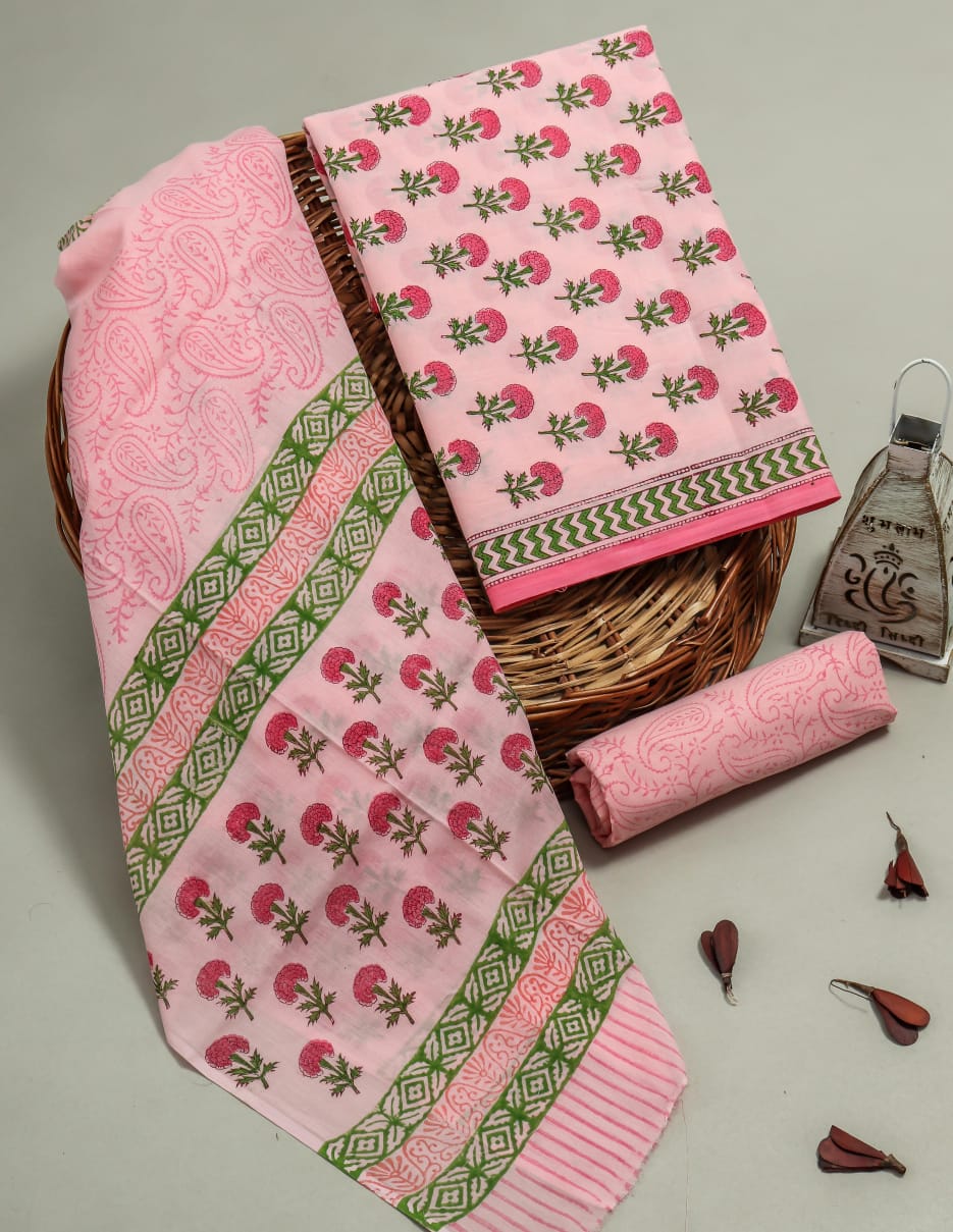 Pink Colour Marigold Motif Hand Block Printed Cotton Three Piece Suit Fabric